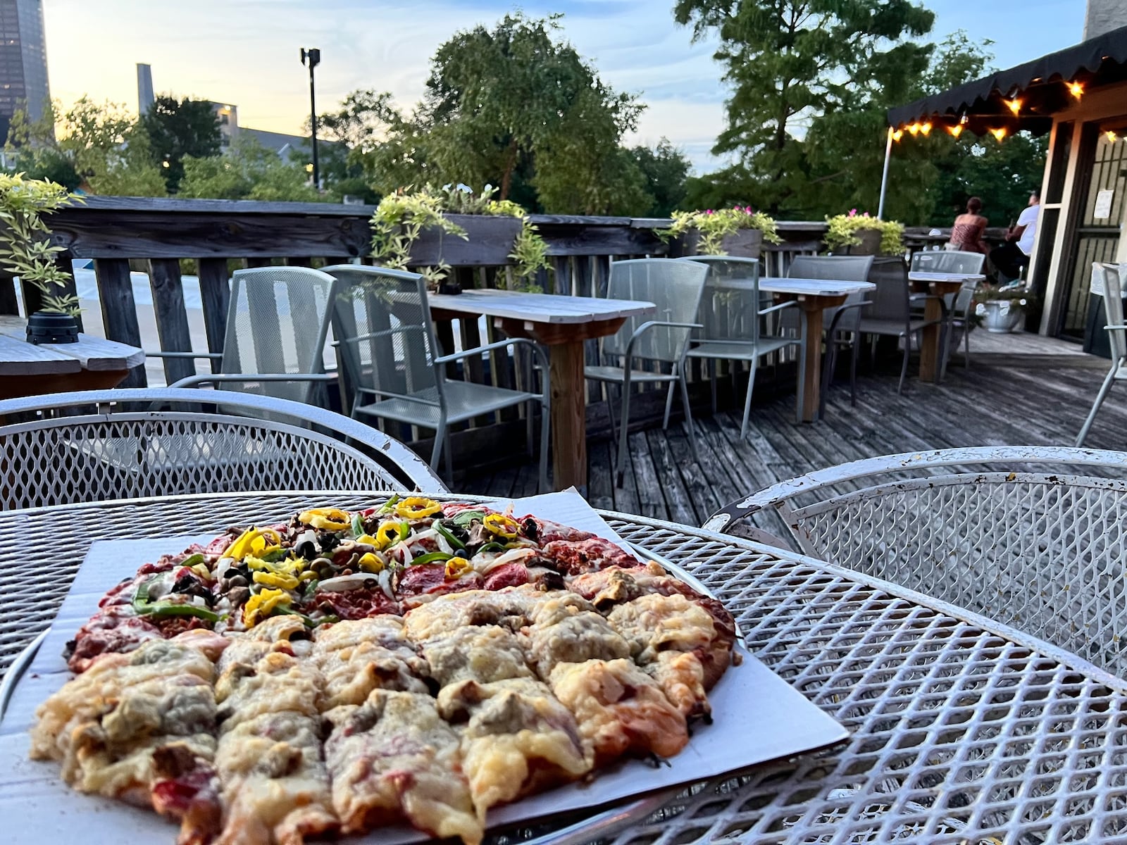 View from the patio at the Oregon Express with a Rueben pizza. 