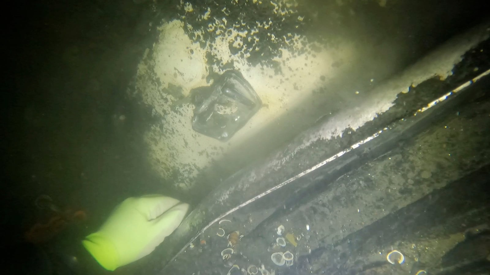 This photo provided by Archer Mayo in 2024 shows underwater footage from the Columbia River of suspected vehicle, that is believed to have belonged to an Oregon family of five who disappeared nearly 70 years ago while they were out searching for Christmas greenery in 1958. (Archer Mayo via AP)