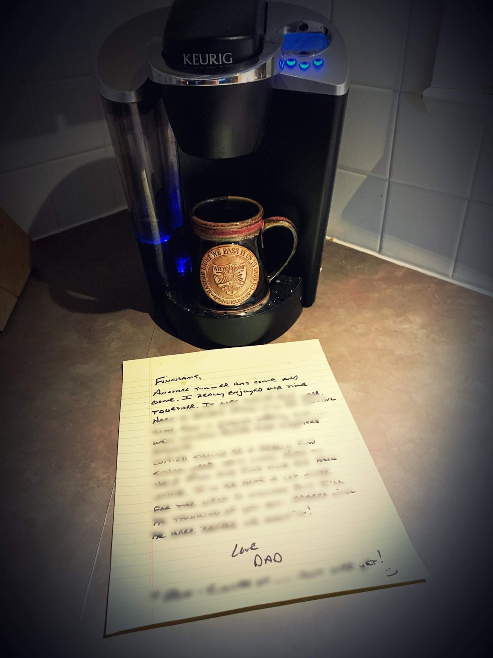 Wittenberg football coach Joe Fincham writes a letter to his family before the start of preseason training camp every year and places it by the coffee pot at their home. This is the 2019 version. Photo by Rita Fincham