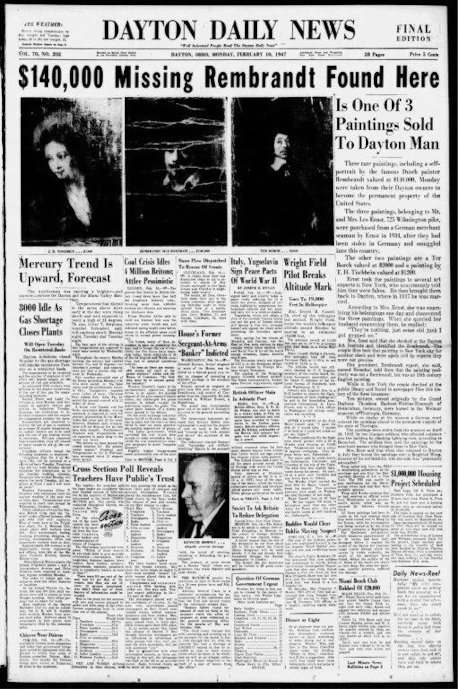 The Dayton Daily News front page from Feb. 10, 1947, when a stolen Rembrandt and two other paintings were seized by federal agents in Dayton. Dayton resident Leo Ernst had bought the paintings years before and said he thought they were fakes.