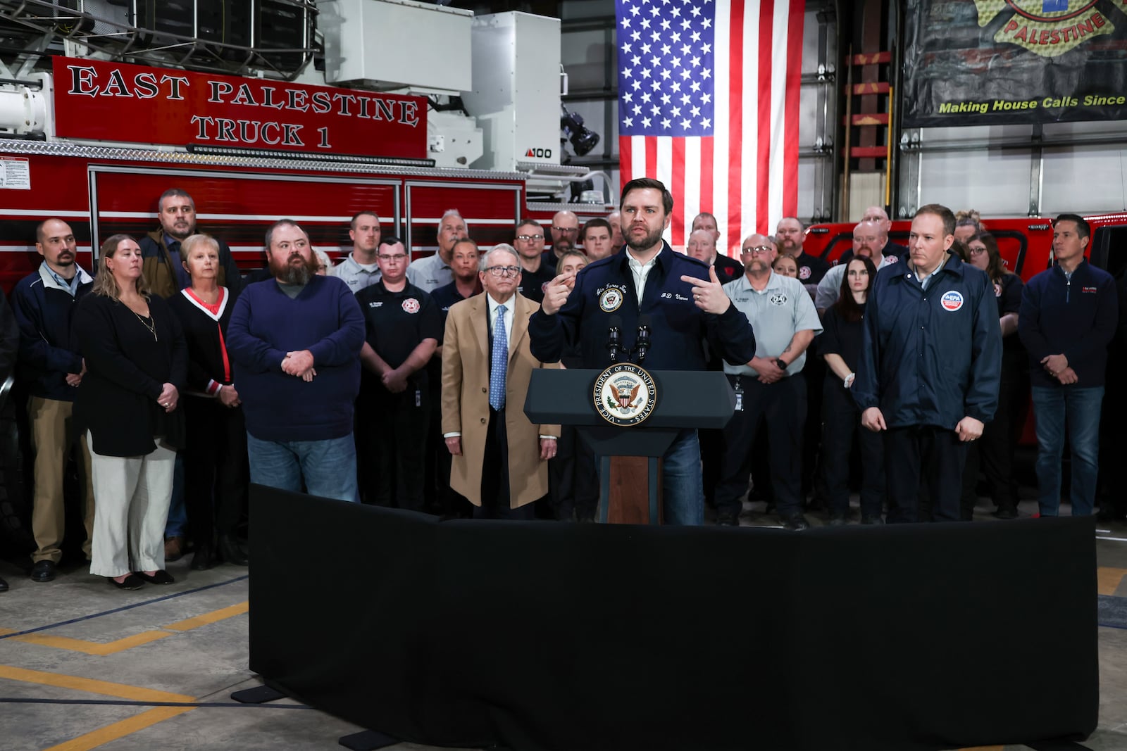 Vice President JD Vance speaks at the East Palestine Fire Department as he visits East Palestine, Ohio, Monday, Feb. 3, 2025. (Rebecca Droke/Pool Photo via AP)