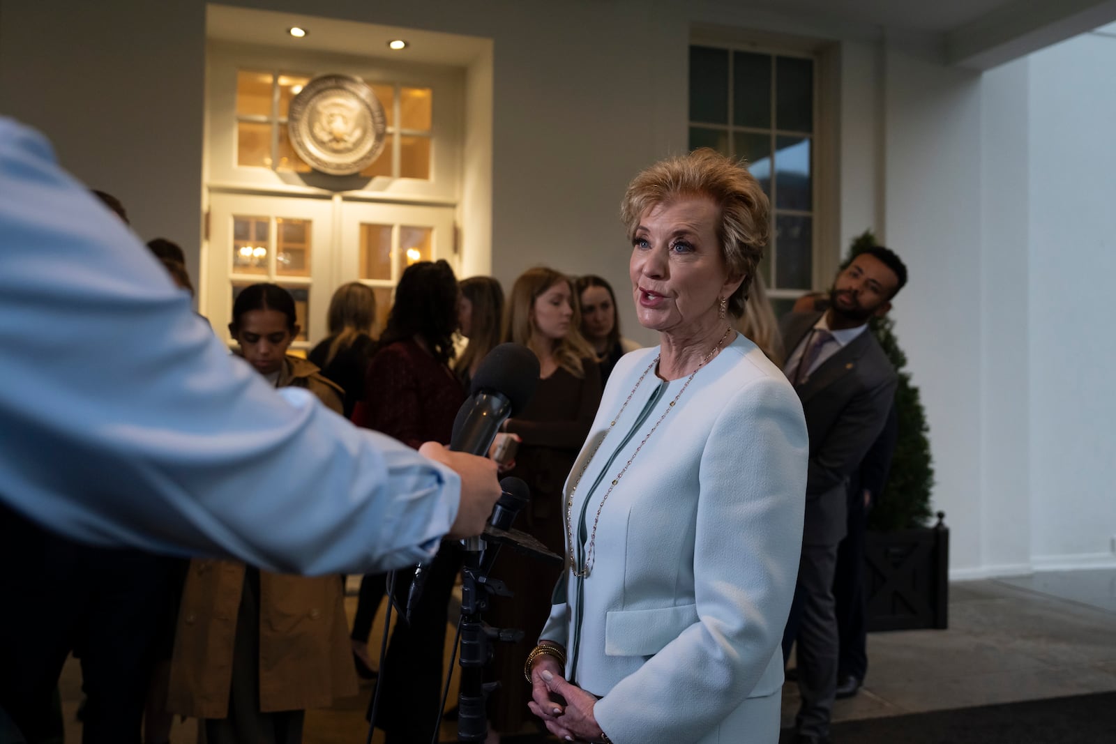 Secretary of Education Linda McMahon speaks to reporters at the White House in Washington, Thursday, March 20, 2025. (AP Photo/Ben Curtis)