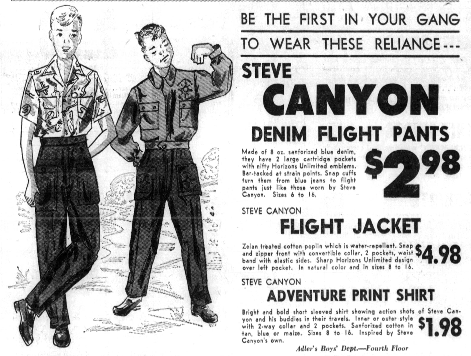 A 1948 Adler's department store advertisement for "Steve Canyon" inspired clothing based on the comic strip by Milton Caniff. THE DAYTON HERALD ARCHIVES