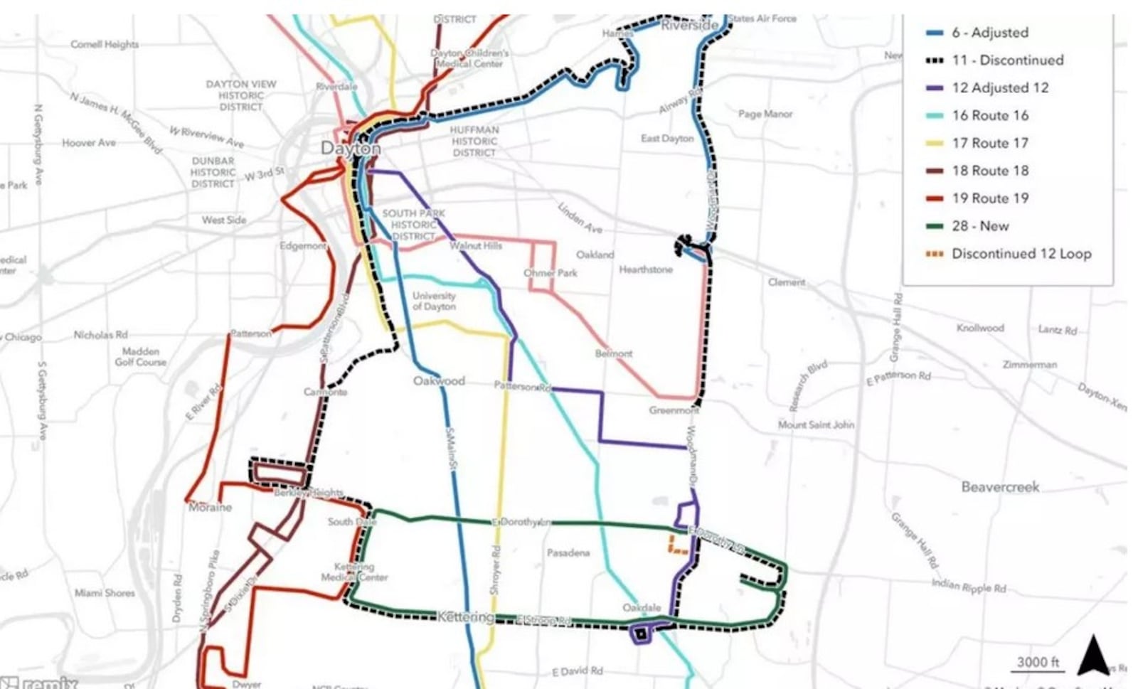 A map showing some of the recent service changes made to the Greater Dayton RTA routes. CONTRIBUTED