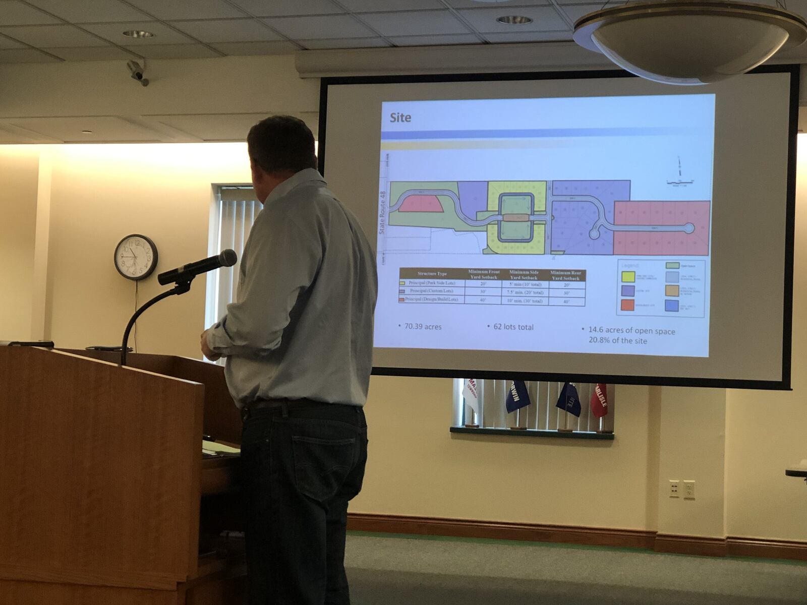 Warren County commissioners delayed until Jan. 5 a hearing scheduled on the CreekSong development, after rejecting developer Mike Williams’ efforts to convince them to approve his plan for 62 homes on the land in expectation of sewers being provided by the City of Lebanon. Williams is pictured during a 2019 hearing on the project. STAFF/LAWRENCE BUDD