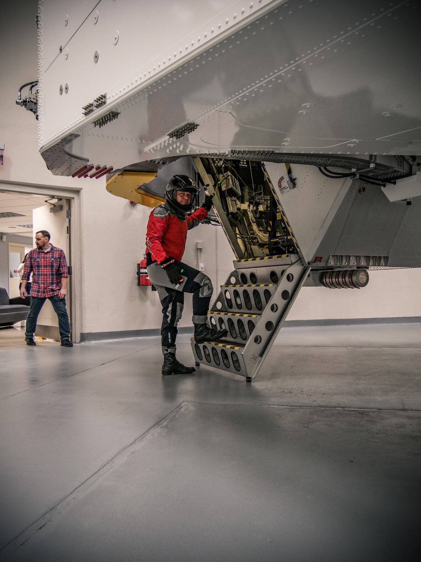 Bob Behnken, NASA astronaut, enters the Air Force Research Laboratory’s centrifuge for his spin during testing Nov. 2, 2018 at the Air Force Research Laboratory's centrifuge facility at Wright-Patterson Air Force Base, Ohio. (U.S. Air Force photo by Keith Lewis)