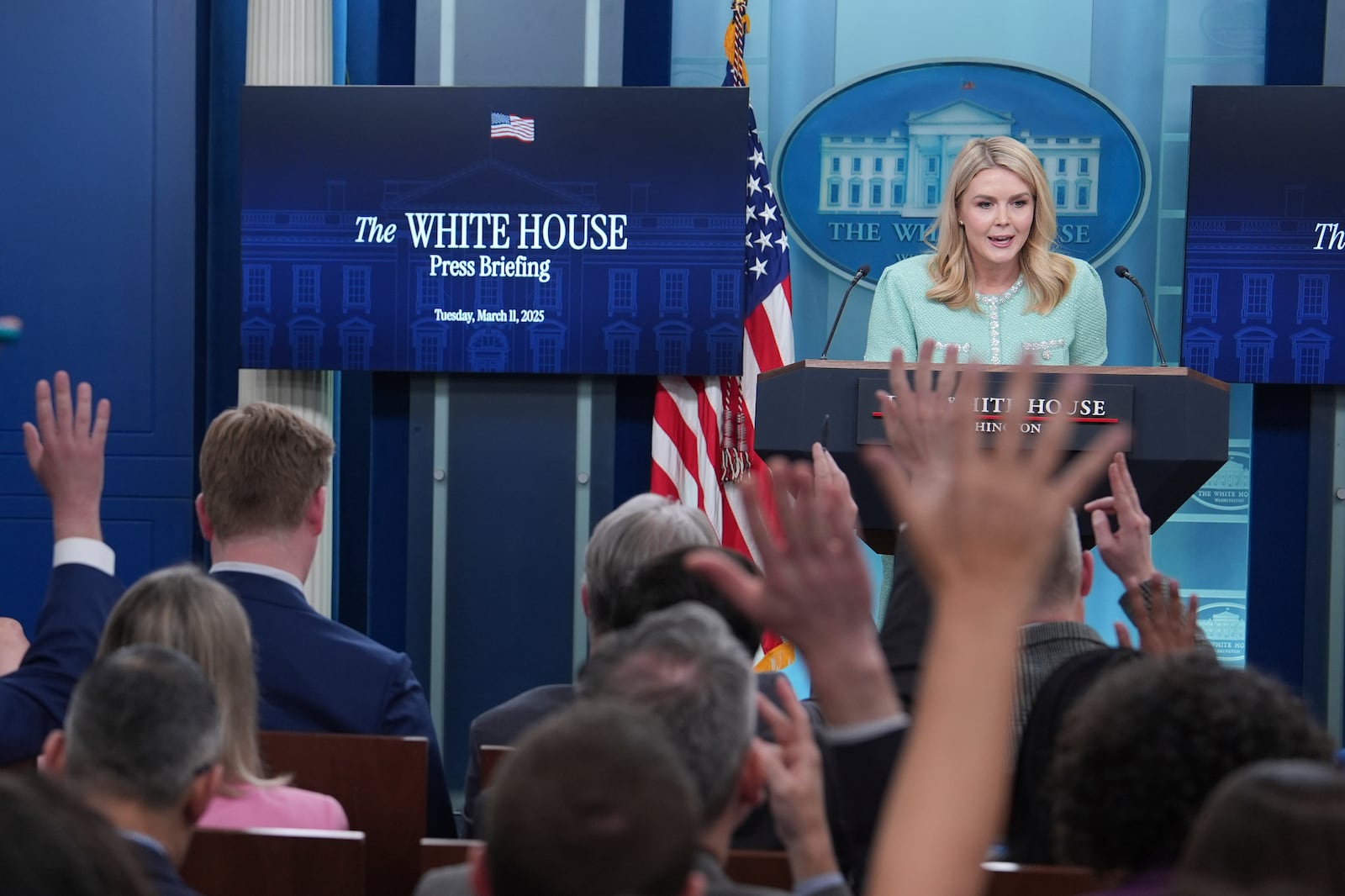 White House press secretary Karoline Leavitt speaks with reporters in the James Brady Press Briefing Room at the White House, Tuesday, March 11, 2025, in Washington. (AP Photo/Evan Vucci)