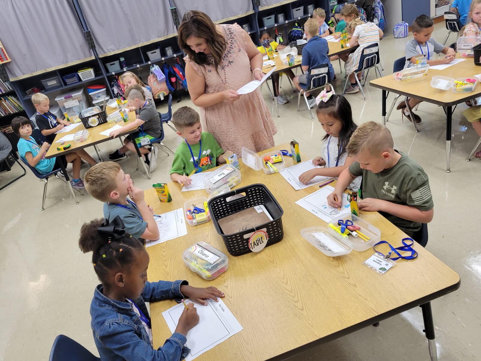 A teacher works with students at Clearcreek Elementary in Springboro City School District during the district's first day on Tuesday. Courtesy of Springboro Schools.