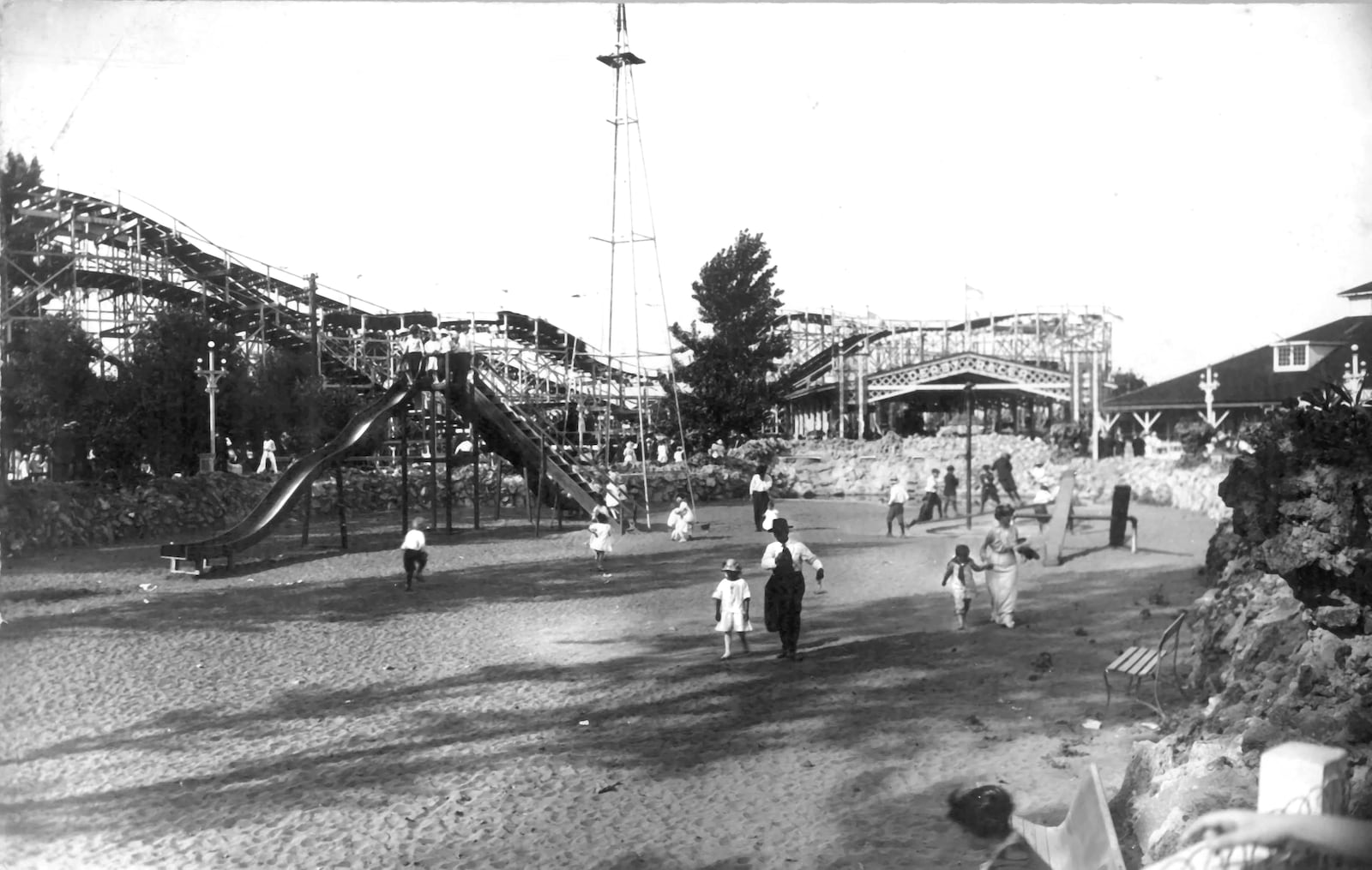 In 1890, Lakeside Park opened on seven and a half acres at Gettysburg and Lakeview Avenues. The park offered several different rides over the years. Shown here is the Derby Racer wooden roller coaster. Submitted