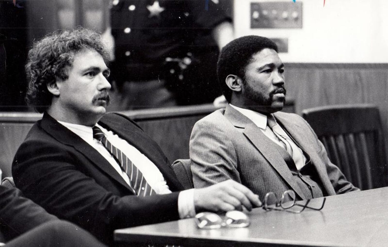 Samuel Moreland, right, with his attorney Dennis Lieberman at Moreland’s murder trial in 1986. He was convicted of killing five members of a Dayton family, but has yet to receive an execution date despite more than three decades on death row.