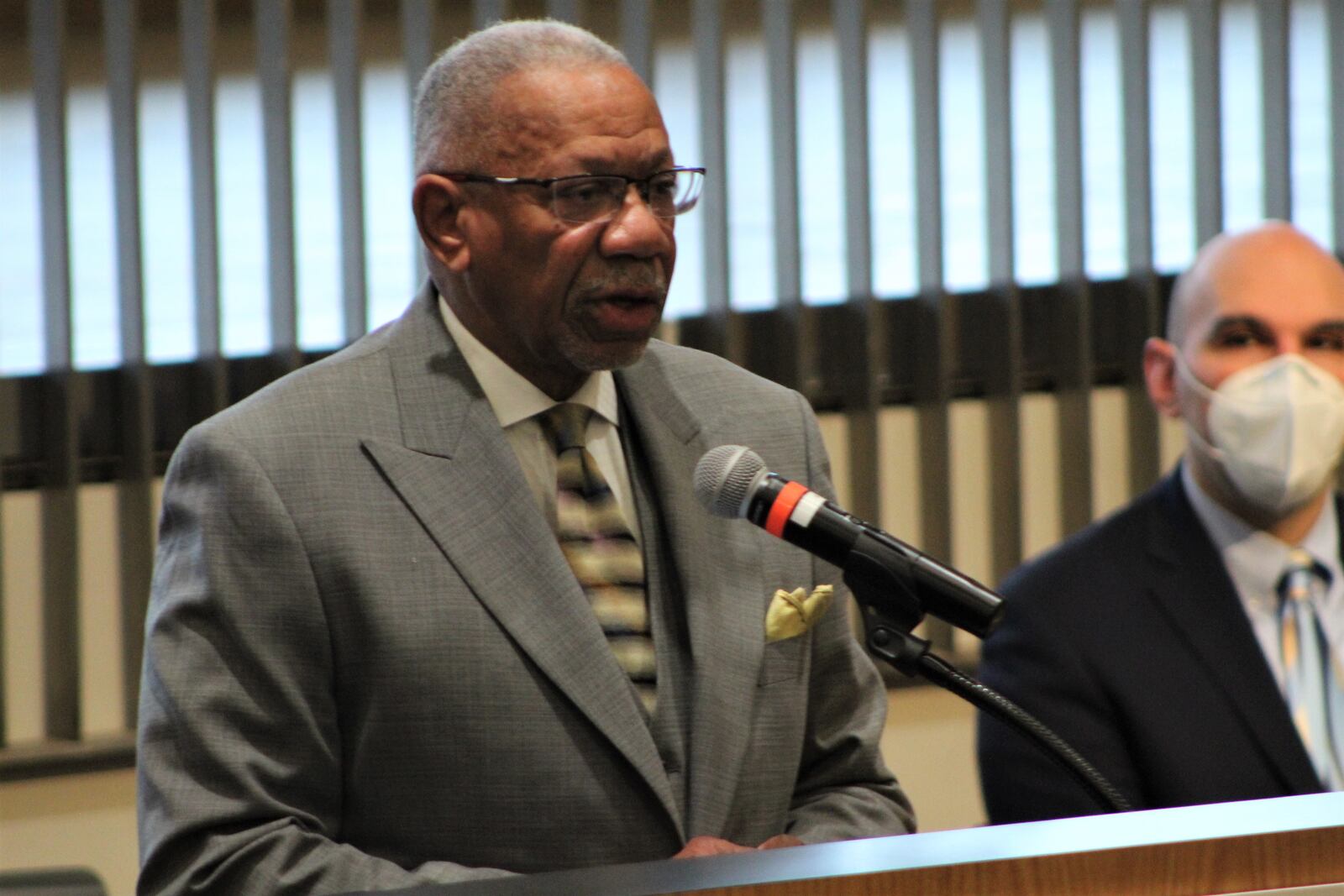 Mayor Jeffrey Mims Jr. gives the State of the City address. Commissioner Matt Joseph looks on. CORNELIUS FROLIK / STAFF