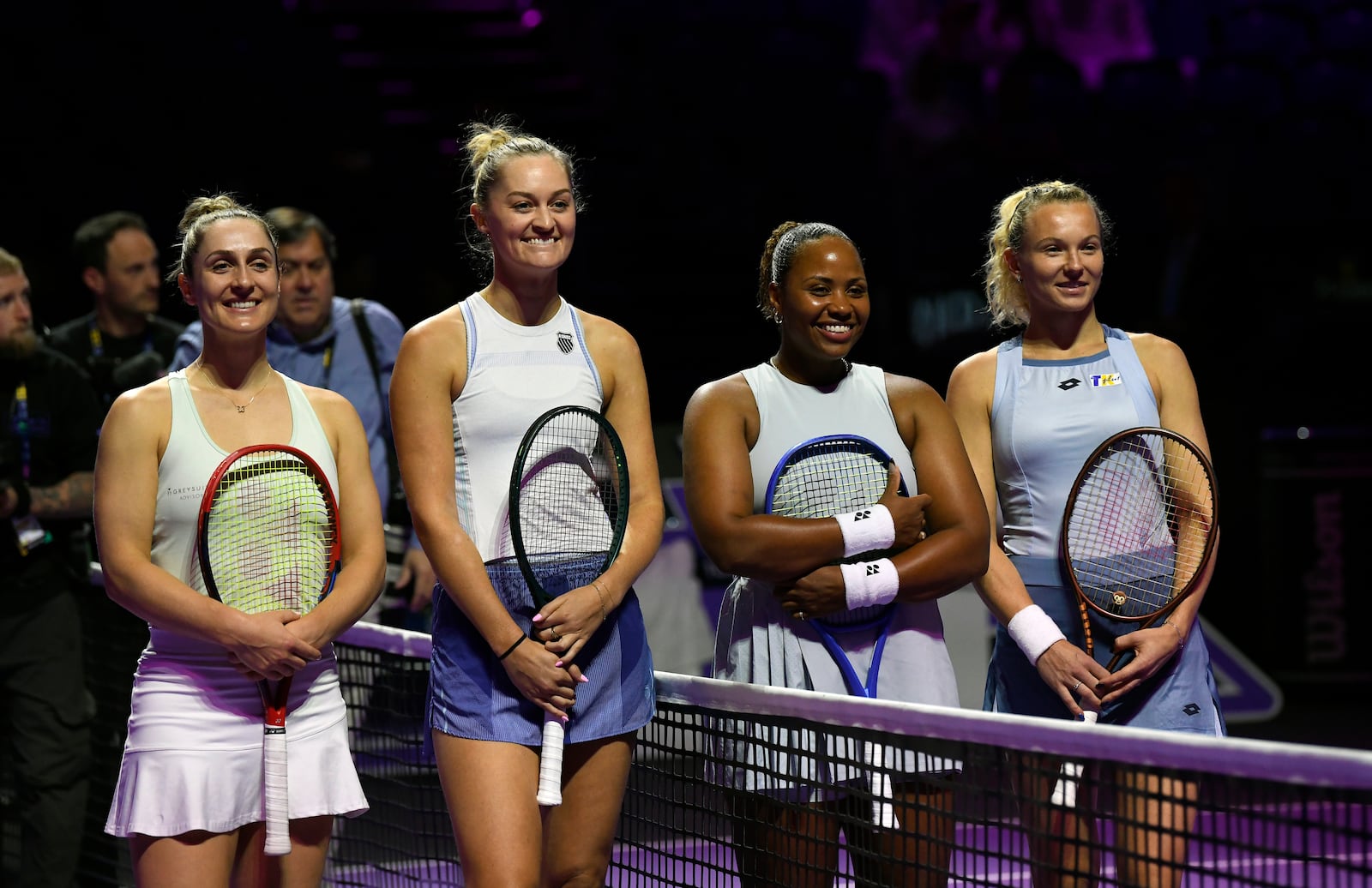 From left, Canada's Gabriela Dabrowski, New Zealand's Erin Routliffe, Taylor Townsend of the U.S. and Katerina Siniakova of the Czech Republic pose ahead of their women's doubles final match of the WTA finals at King Saud University Indoor Arena, in Riyadh, Saudi Arabia, Saturday, Nov. 9, 2024. (AP Photo)