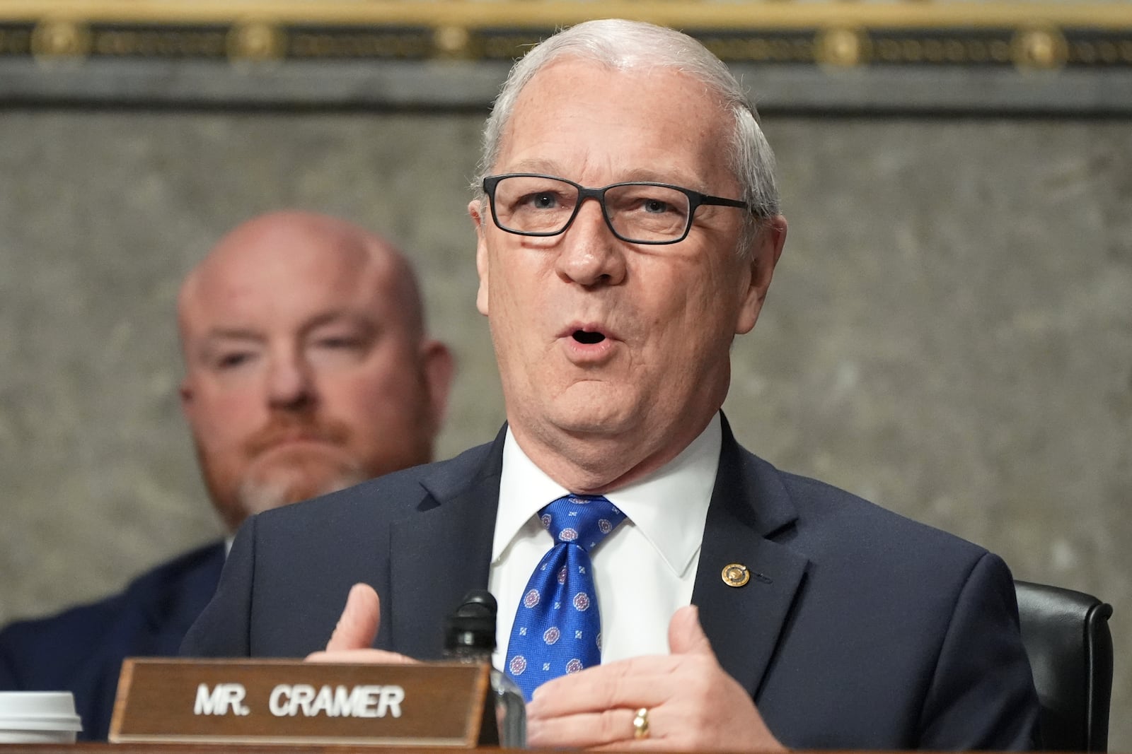 Sen. Kevin Cramer, R-N.D. speaks at the Senate Armed Services Committee confirmation hearing for Pete Hegseth, President-elect Donald Trump's choice to be Defense secretary, at the Capitol in Washington, Tuesday, Jan. 14, 2025. (AP Photo/Jacquelyn Martin)