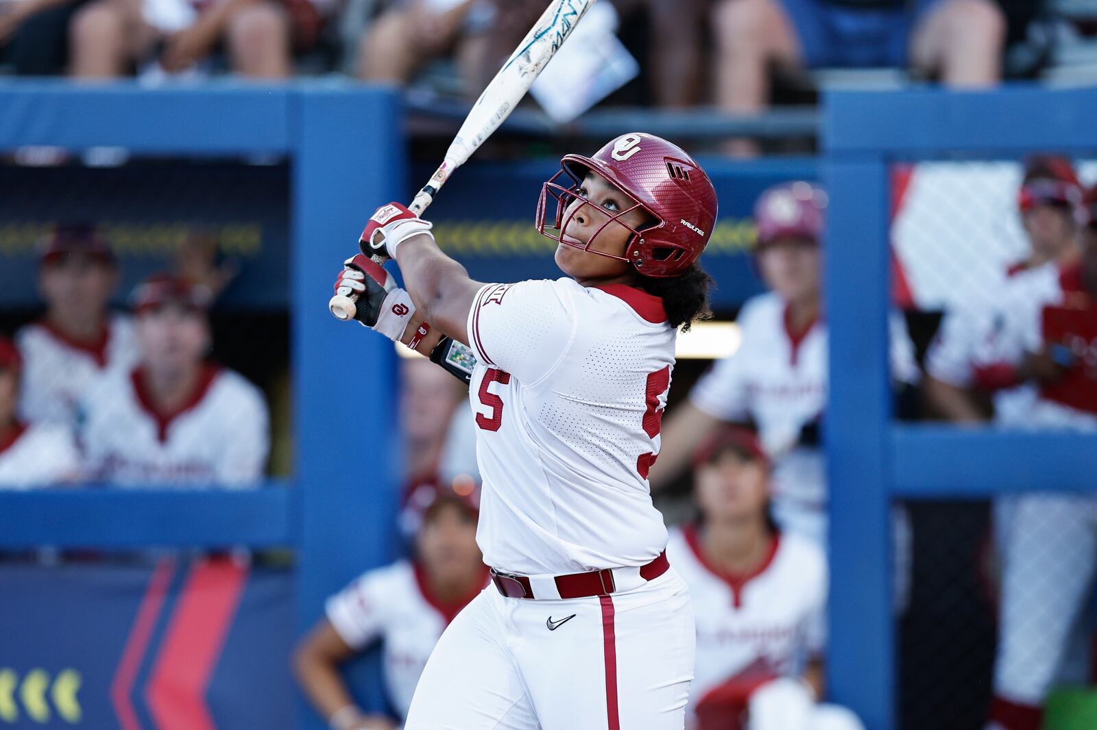 FILE - Oklahoma's Ella Parker bats against Texas during the first inning of Game 1 of the NCAA Women's College World Series softball championship series Wednesday, June 5, 2024, in Oklahoma City. (AP Photo/Alonzo Adams, File)