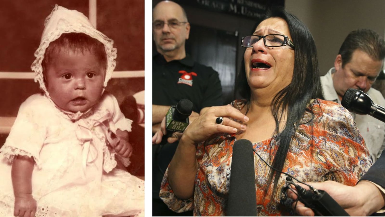 Rosemary Vega Cantu, right, speaks to reporters Thursday, Jan. 16, 2020, after the sentencing hearing for Genene Jones in San Antonio. Jones, 69, is accused of killing Cantu's 2-year-old daughter, Rosemary Vega, seen at left, while caring for her in a pediatric ICU in September 1981. Jones, who worked as a pediatric nurse, is suspected of killing up to 60 children during her career.