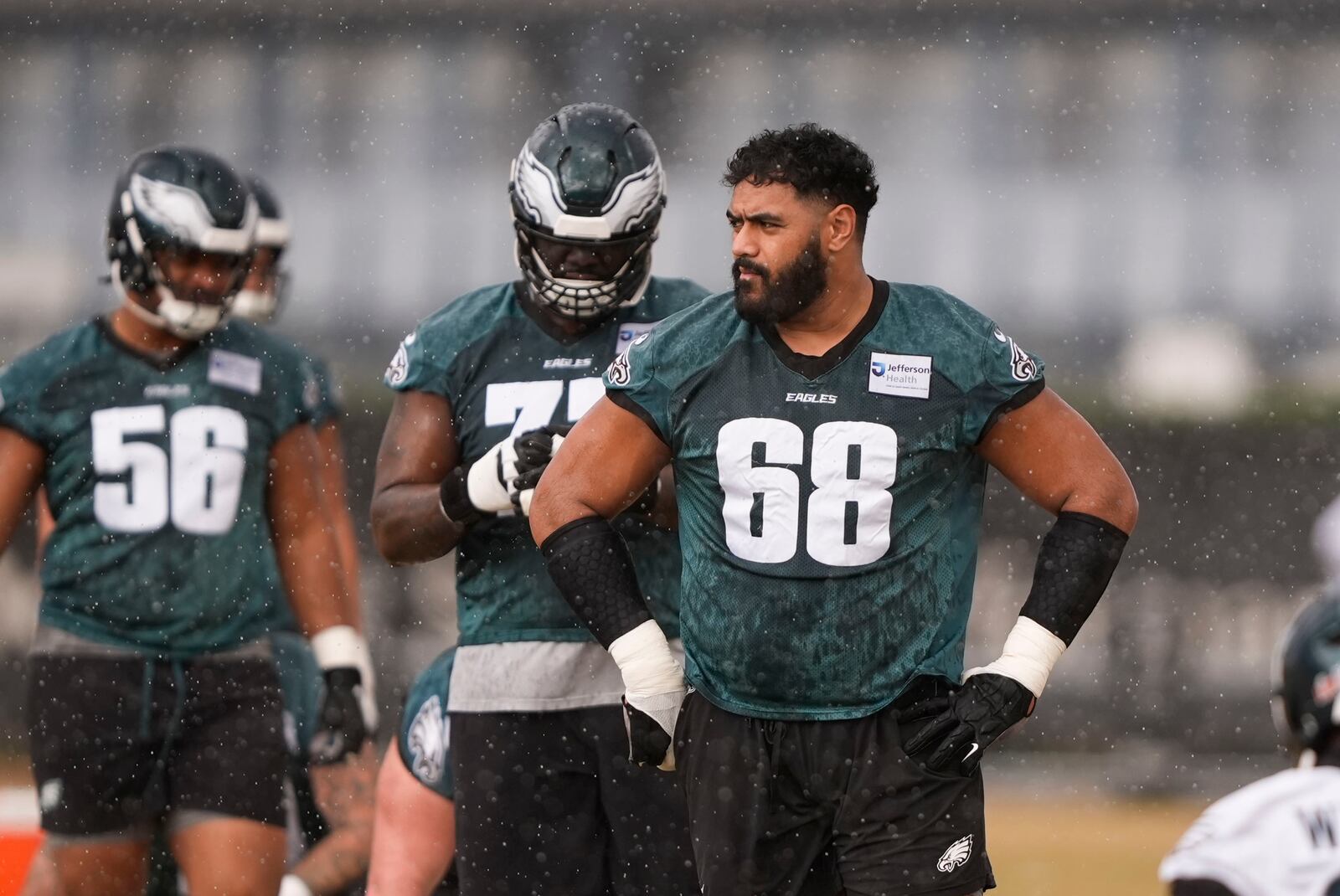 Philadelphia Eagles offensive tackle Jordan Mailata (68) warms up during an NFL football practice Thursday, Feb. 6, 2025, in New Orleans, ahead of Super Bowl 59 against the Kansas City Chiefs. (AP Photo/Gerald Herbert)