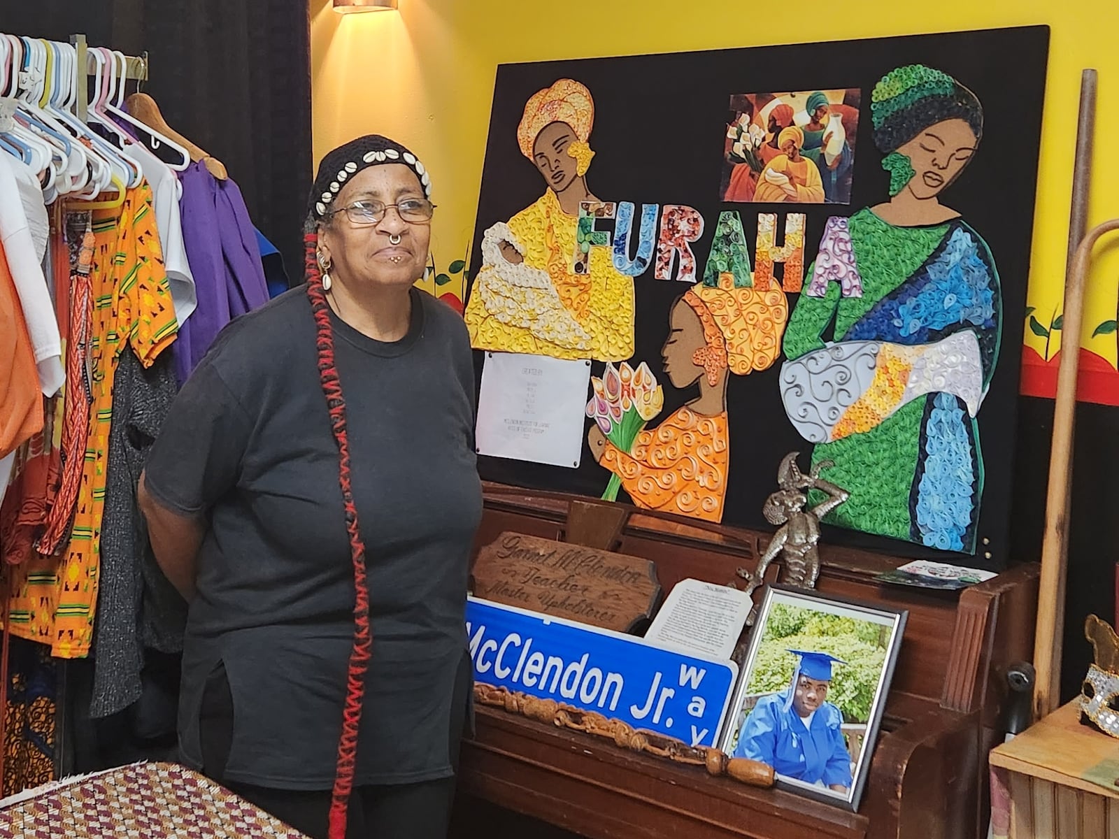 Renee McClendon met with artist Andrea Walker-Cummings to share her community impact and be captured in the artist's hand-stitched piece for the 2023 Dayton Skyscrapers exhibit. CONTRIBUTED