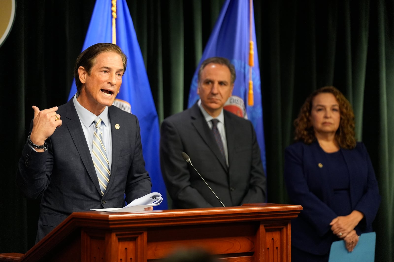 Los Angeles County District Attorney Nathan Hochman talks about the resentencing of Erik and Lyle Menendez for the murders of their parents decades ago, during a news conference in Los Angeles, Monday, March 10, 2025. (AP Photo/Damian Dovarganes)