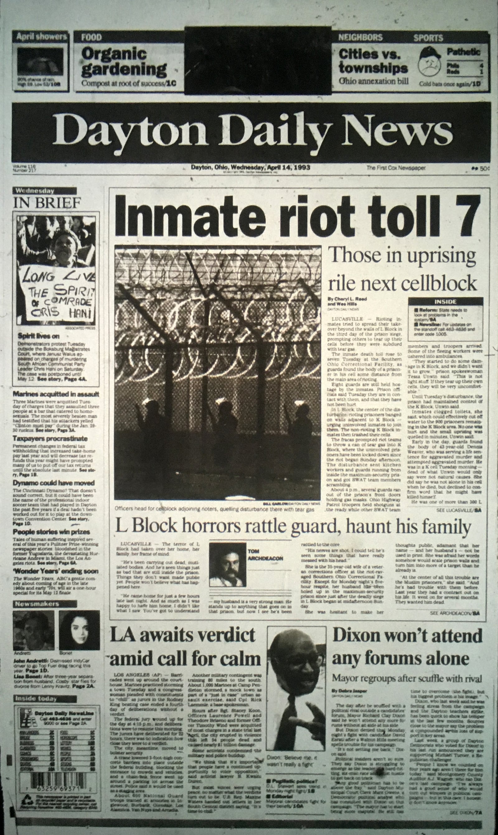 April 14, 1993. The Lucasville prison riots began on Easter Sunday April 11, 1993. The event was front page news for the Dayton Daily News until the riot ended on April 21, 1993.