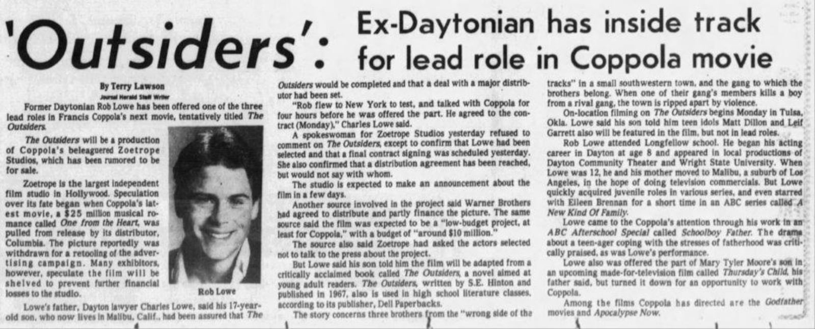 A story about Rob Lowe from The (Dayton) Journal-Herald on March 11, 1982.