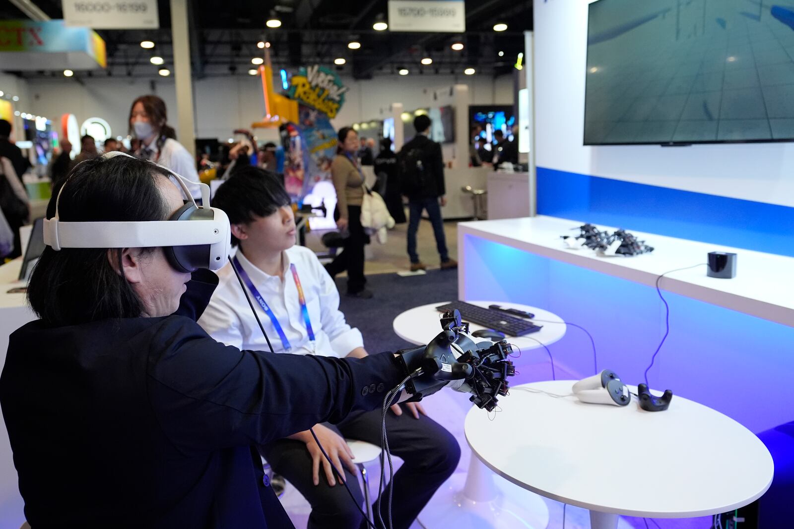 A Kurimoto MRF glove is shown at a Kurimoto booth during the CES tech show Tuesday, Jan. 7, 2025, in Las Vegas. (AP Photo/Abbie Parr)