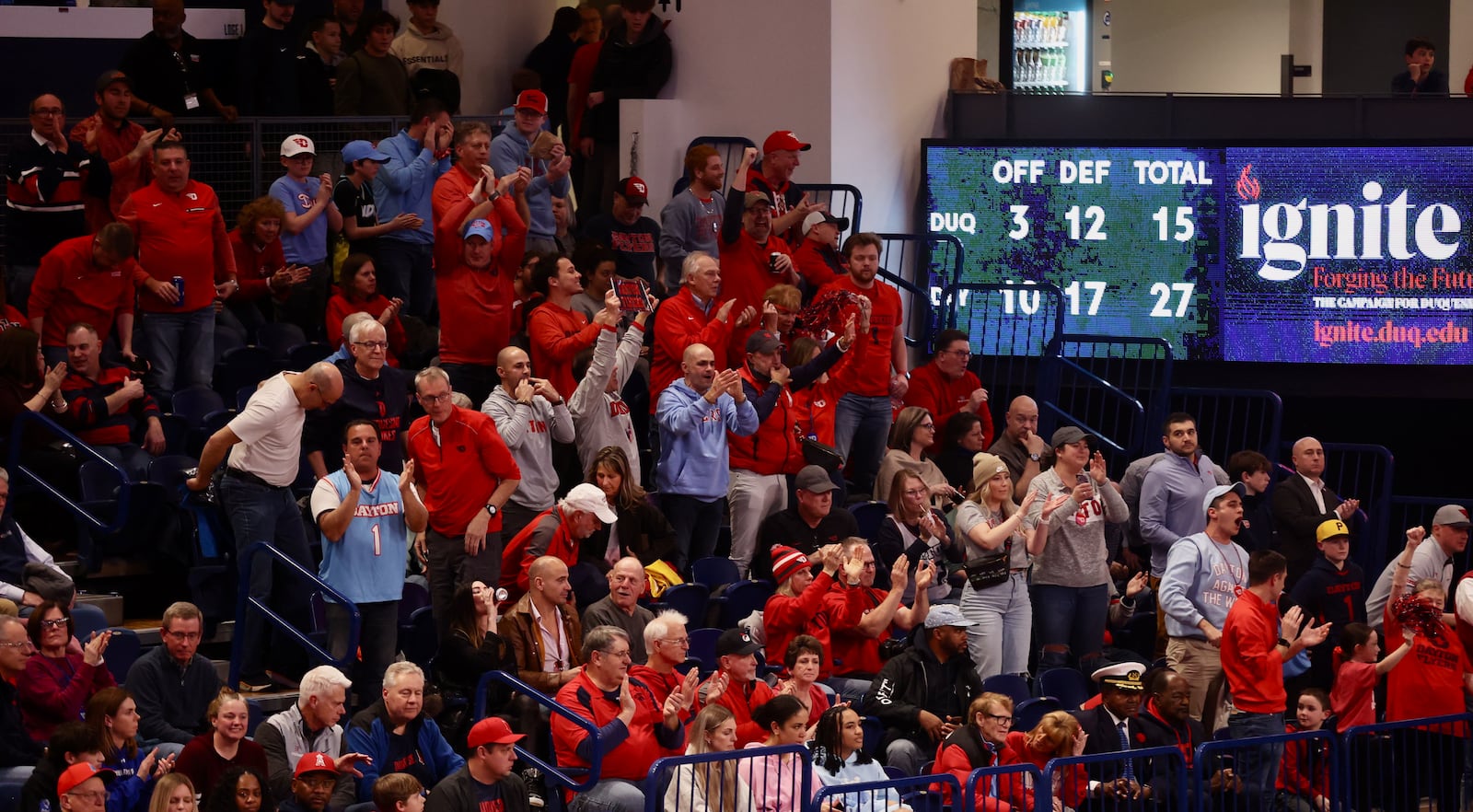 Dayton fans cheer during a game against Duquesne on Friday, Jan. 12, 2024, at the UPMC Cooper Fieldhouse in Pittsburgh. David Jablonski/Staff