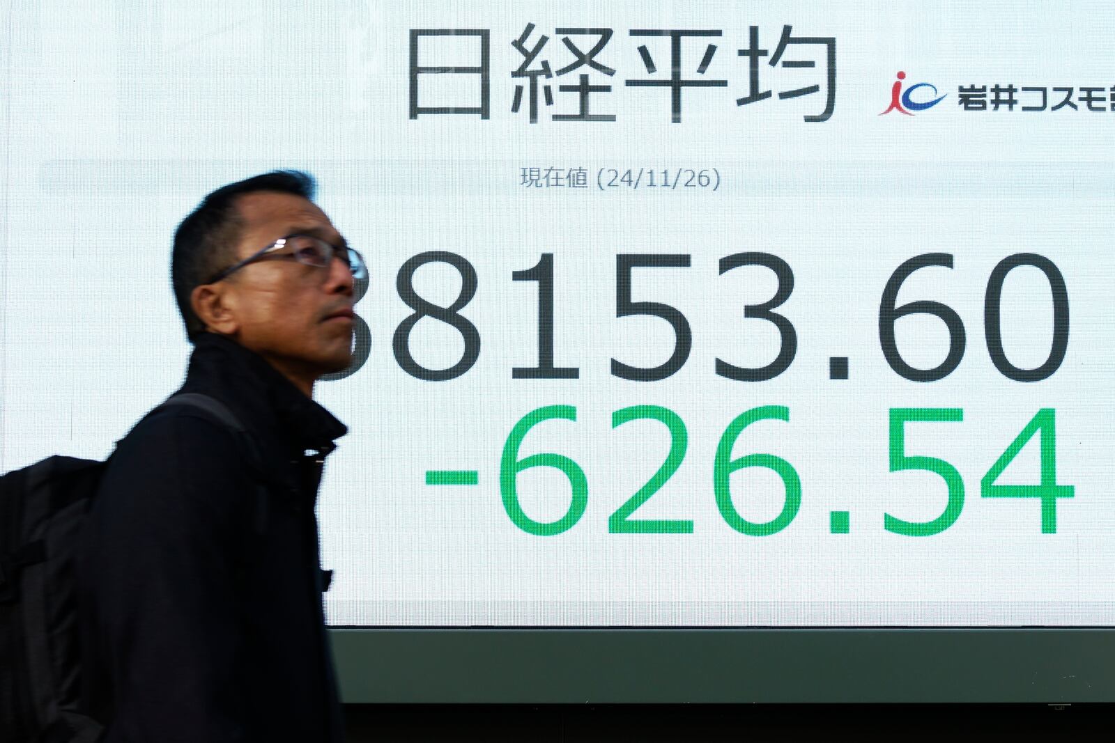 A person walks in front of an electronic stock board showing part of Japan's Nikkei index at a securities firm Tuesday, Nov. 26, 2024, in Tokyo. (AP Photo/Eugene Hoshiko)