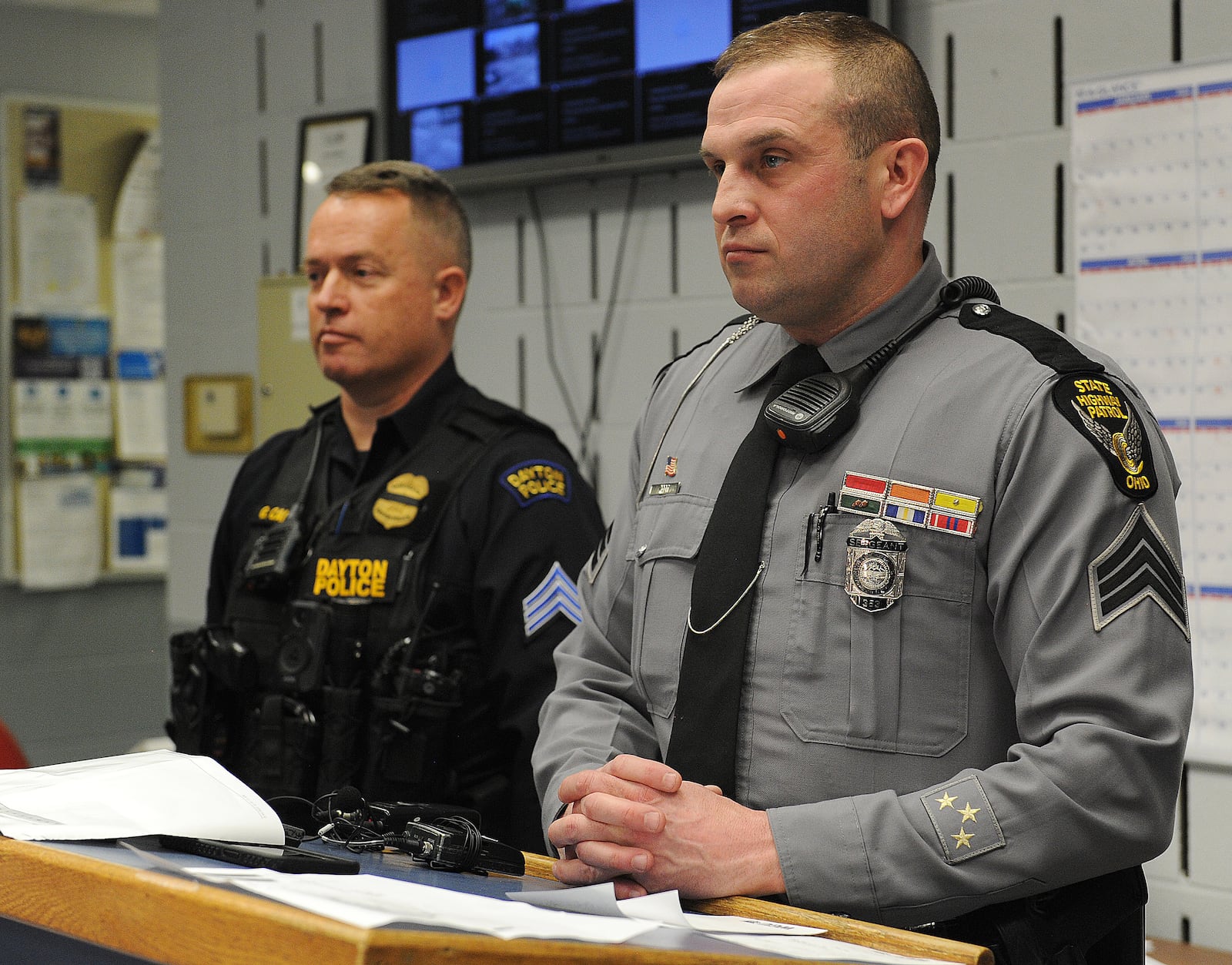 Dayton Police Sgt. Gordon Cairns and Ohio State Partol Sgt. Dallas Root, gave an update Feb. 16, 2022 on OVIs from the previous year as well as Super Bowl patrols. MARSHALL GORBY\STAFF