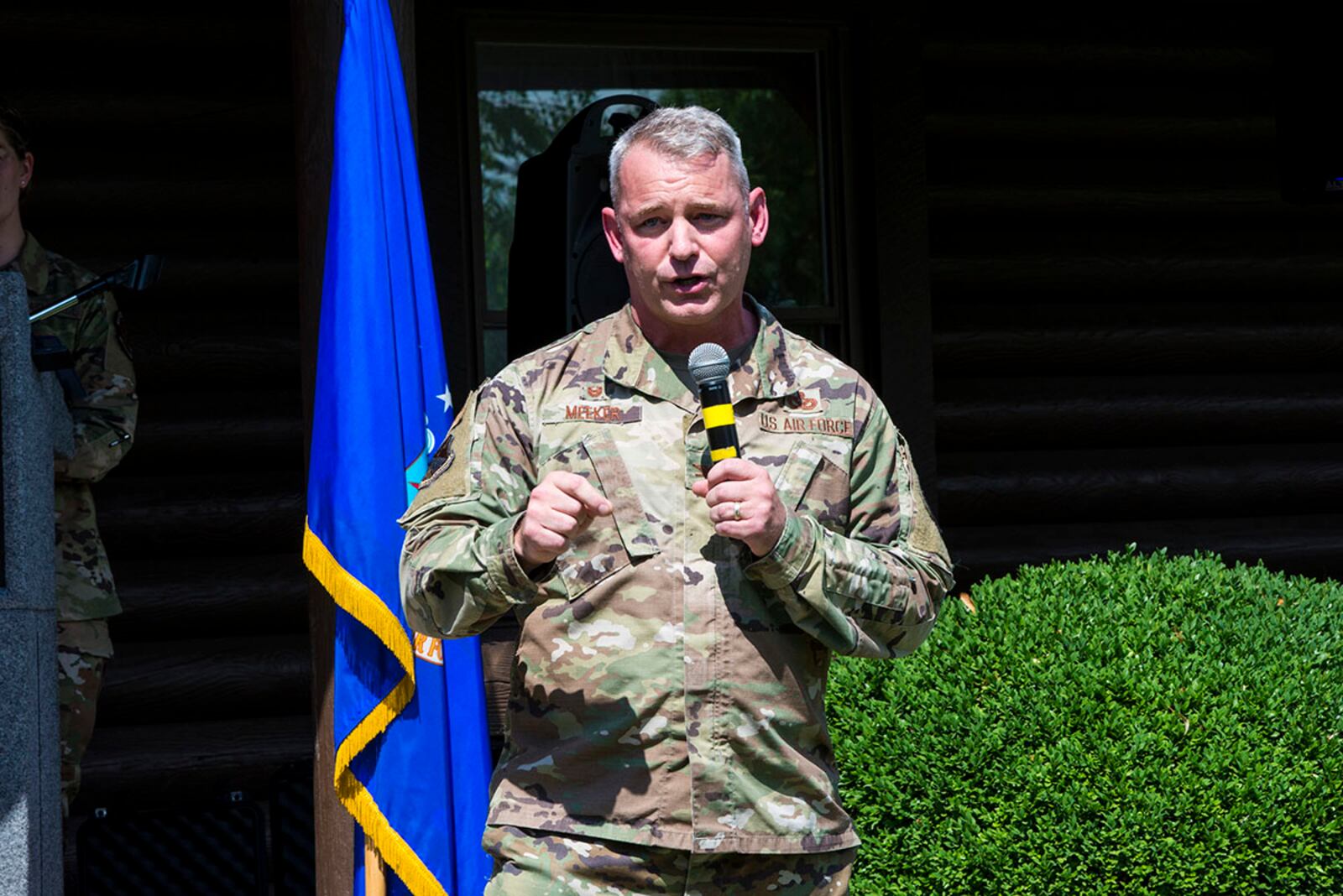 Col. Christopher Meeker, 88th Air Base Wing and installation commander, delivers remarks during the technical sergeant release party July 27 at Wright-Patterson Air Force Base. U.S. AIR FORCE PHOTO/JAIMA FOGG