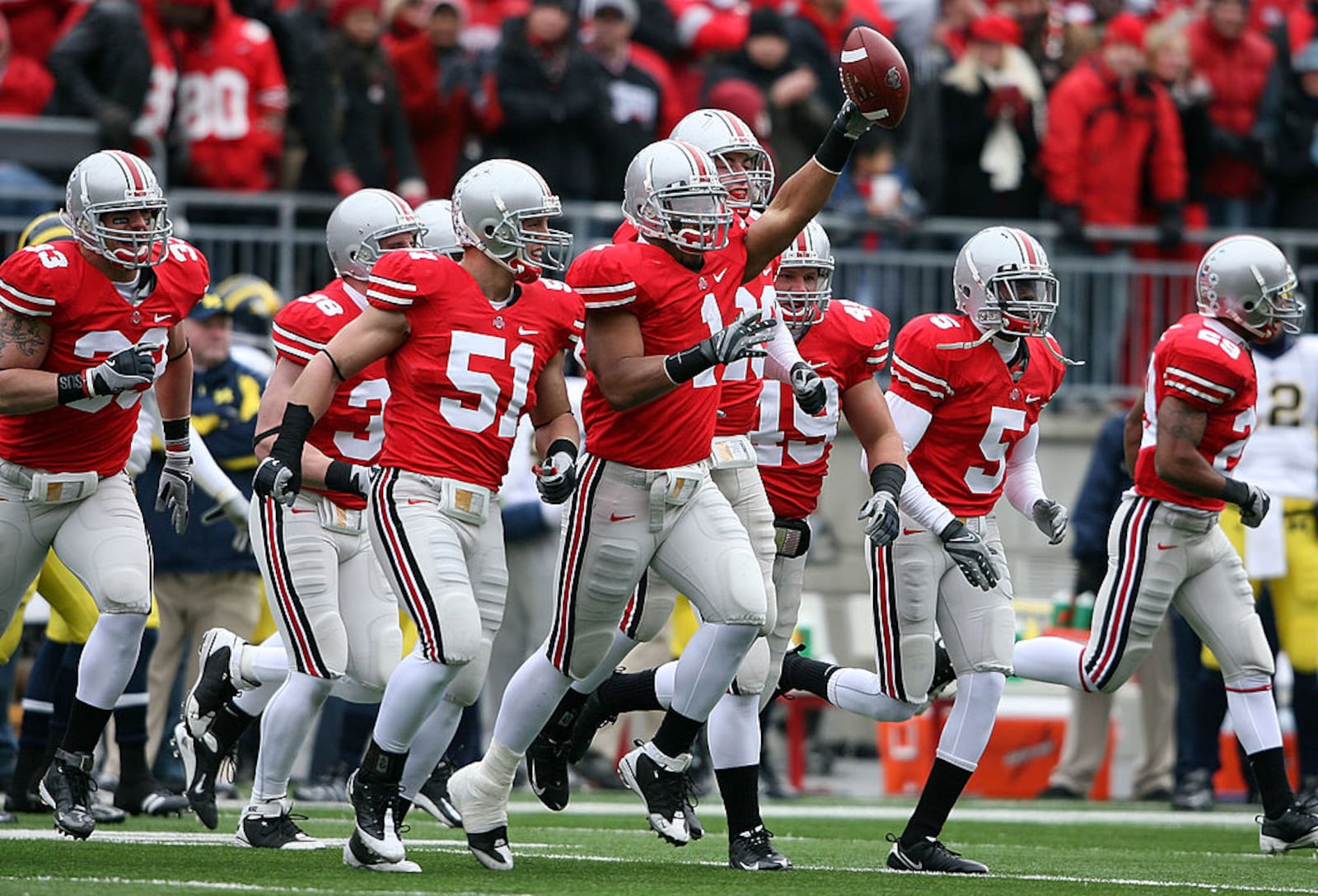 COLUMBUS, OH - NOVEMBER 22: Marcus Freeman #1 of the Ohio State Buckeyes celebraes recovering a Michigan Wolverines fumble during the Big Ten Conference game at Ohio Stadium on November 22, 2008 in Columbus, Ohio. (Photo by Andy Lyons/Getty Images)