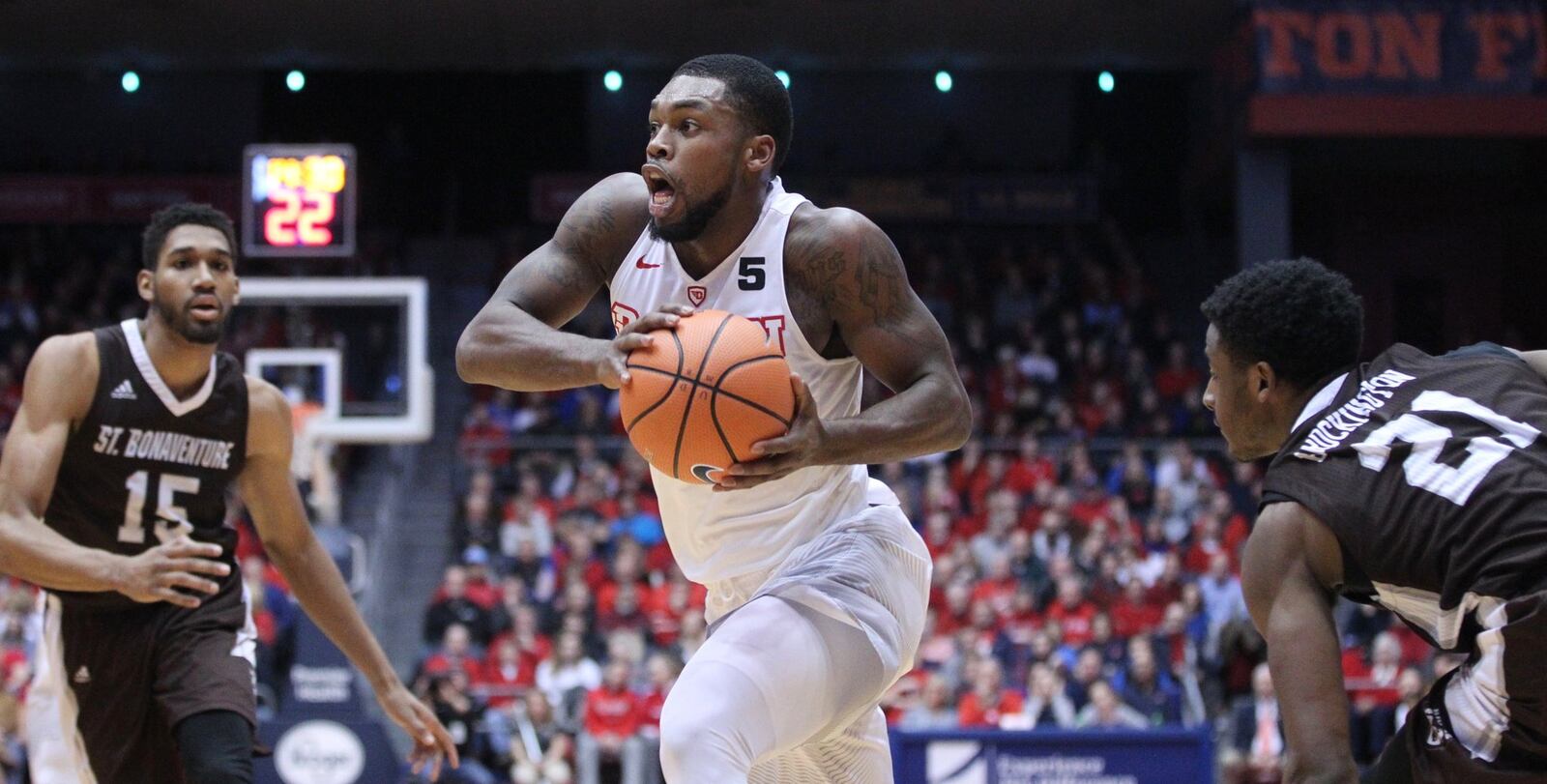 Dayton’s Trey Landers drives to the basket against St. Bonaventure on Wednesday, Jan. 3, 2018, at UD Arena. David Jablonski/Staff