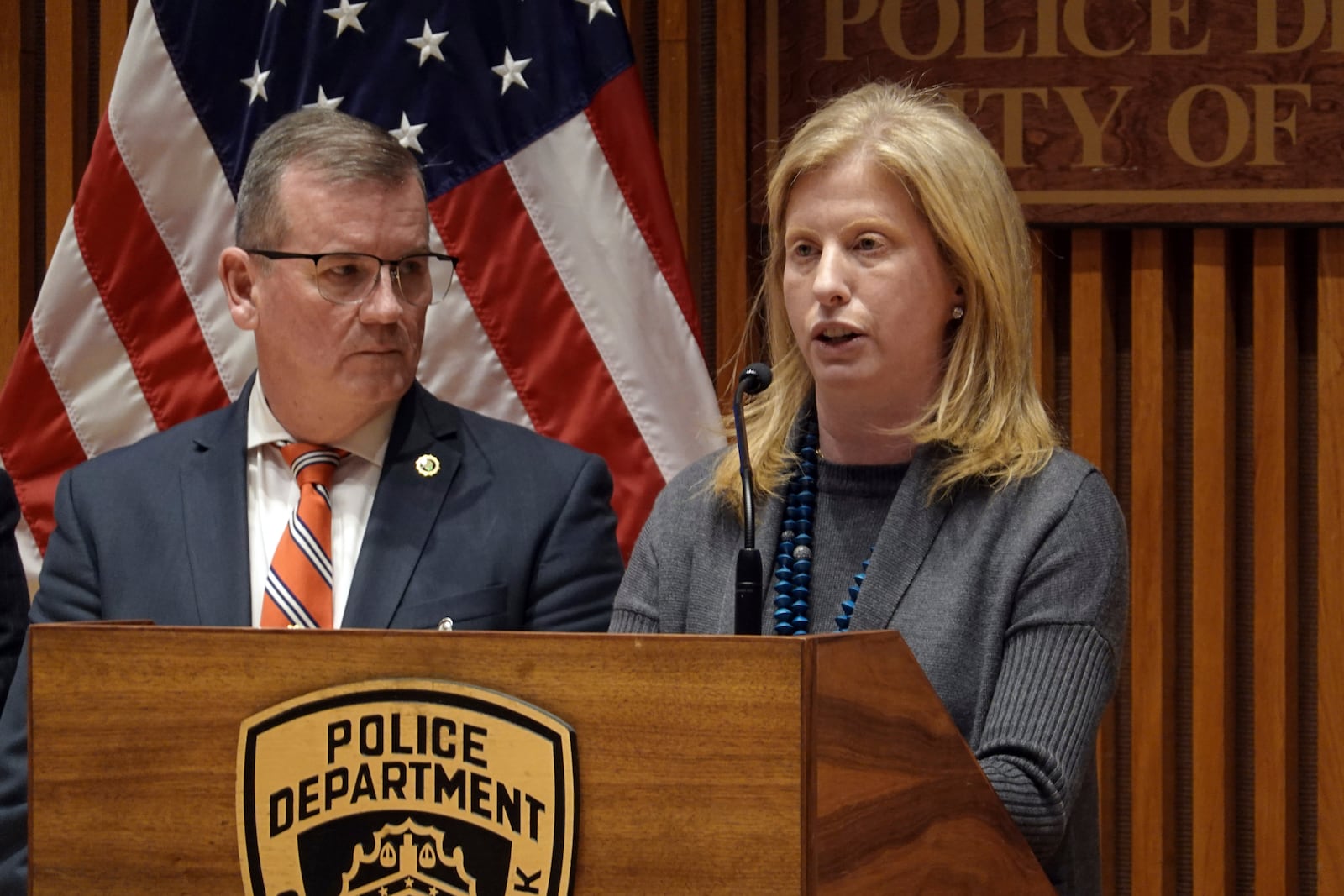 New York City Police Commissioner Jessica Tisch, accompanied by Chief of Detectives Joseph Kenny, speaks during a news conference at police headquarters, Wednesday Dec. 4, 2024, concerning the shooting death of UnitedHealthcare CEO Brian Thompson outside a New York hotel. (AP Photo/Ted Shaffrey)