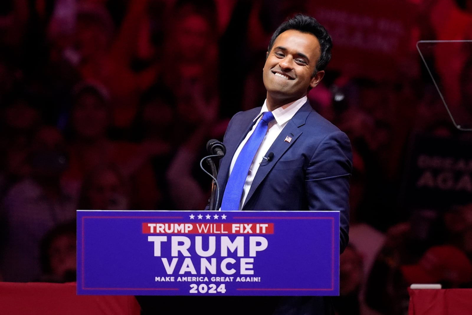 Vivek Ramaswamy speaks before Republican presidential nominee former President Donald Trump at a campaign rally at Madison Square Garden, Sunday, Oct. 27, 2024, in New York. (AP Photo/Evan Vucci)