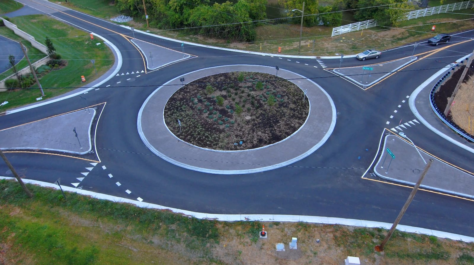 The new roundabout at the intersection of Mad River Road and Alex-Bell.