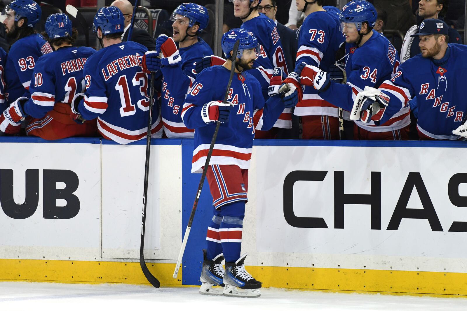 New York Rangers' Vincent Trocheck celebrates scoring a goal during a shootout against the Columbus Blue Jackets during overtime of an NHL hockey game Saturday, Jan. 18, 2025, in New York. (AP Photo/Pamela Smith)