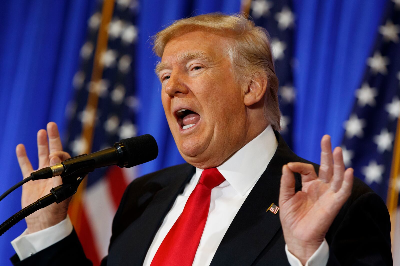 In this Jan. 11, 2017 file photo, President-elect Donald Trump speaks during a news conference in the lobby of Trump Tower in New York. (AP Photo/Evan Vucci)