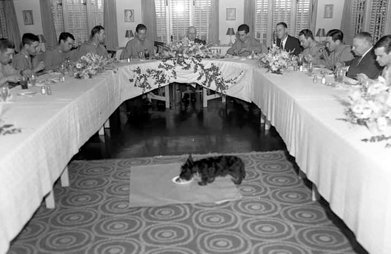 The crew of the Memphis Belle, including their mascot, a Scottish terrier named Stuka, were the guests of Col. Edward A. Deeds for lunch at the Moraine Country Club. The crew of the iconic World War II bomber visited Dayton in July 1943 on a 30-city war bonds tour.  NCR ARCHIVE AT CARILLON HISTORICAL PARK