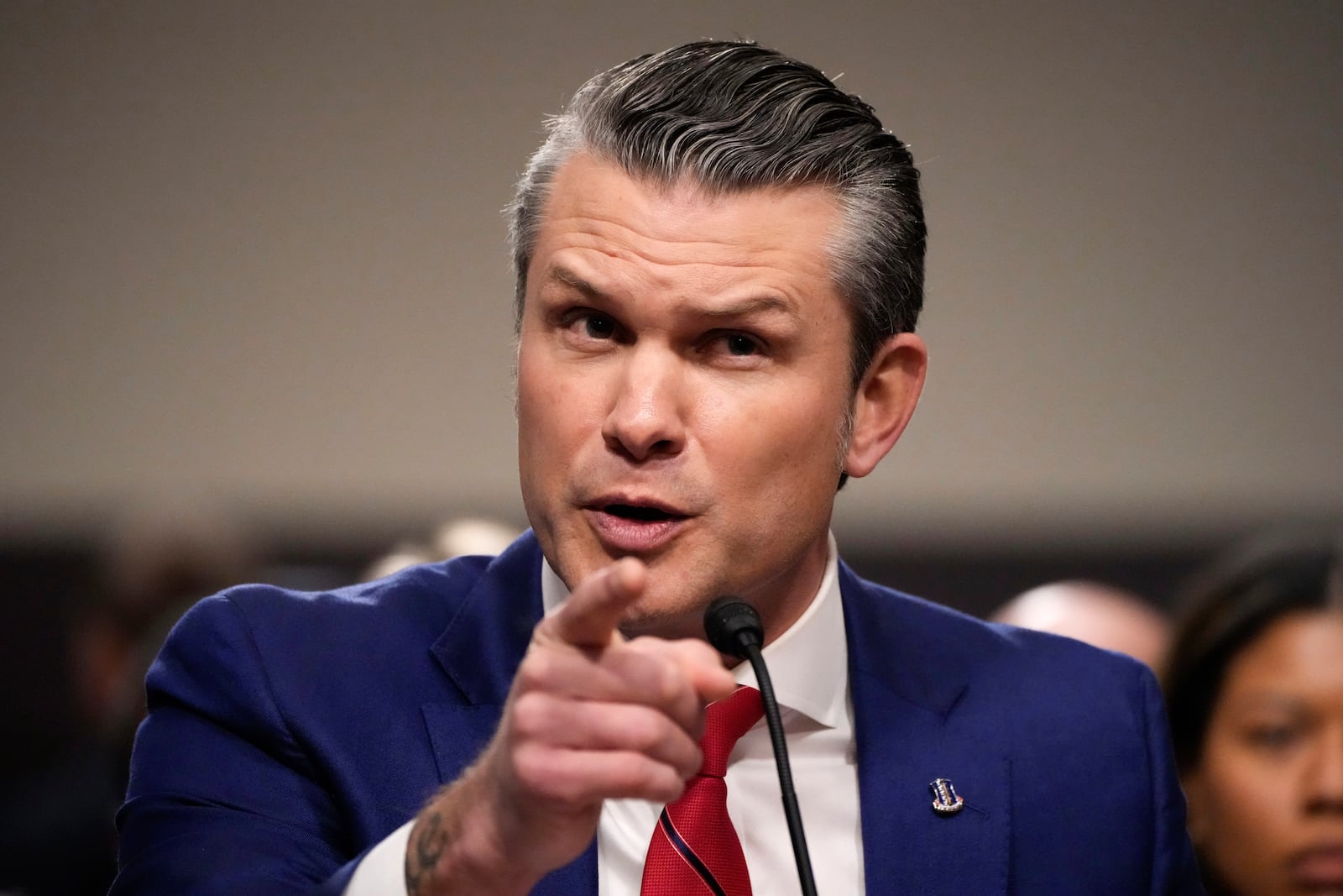 Pete Hegseth, President-elect Donald Trump's choice to be Defense secretary, appears before the Senate Armed Services Committee for his confirmation hearing, at the Capitol in Washington, Tuesday, Jan. 14, 2025. (AP Photo/Alex Brandon)