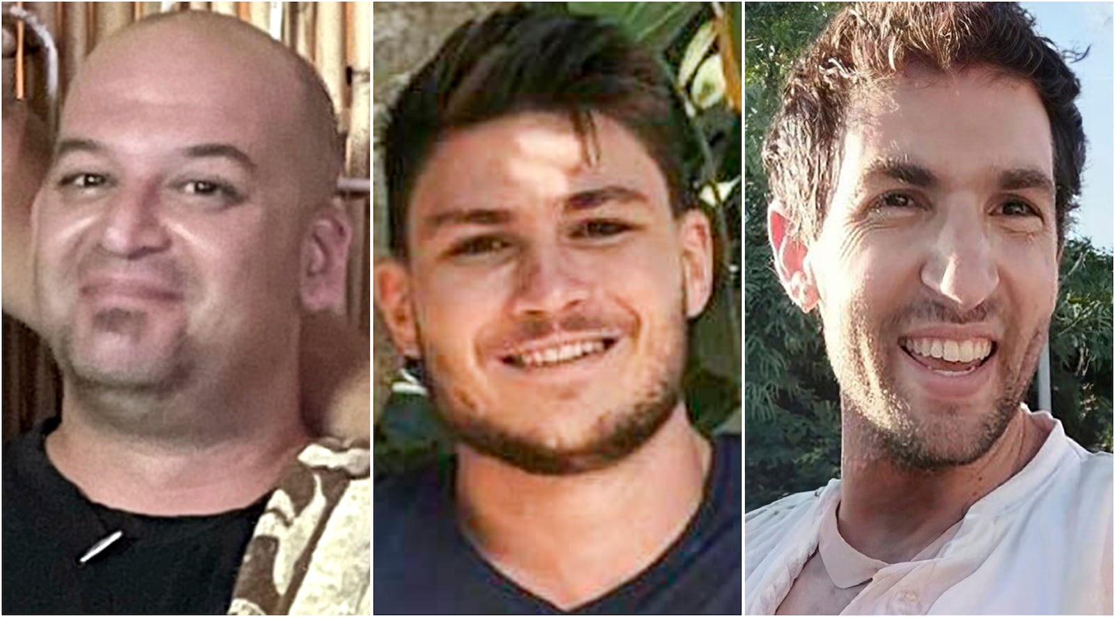 This combination of images provided by Hostages Family Forum shows Iair Horn, Alexander (Sasha) Troufanov and Sagui Dekel Chen, who all were abducted and brought to Gaza on Oct. 7, 2023. (Hostages Family Forum via AP)