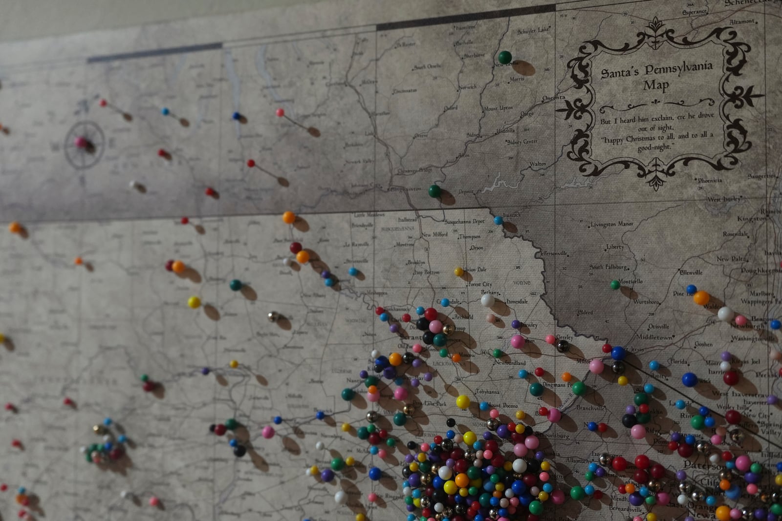 Santa’s Pennsylvania map is displayed at a store in Bethlehem, Pa., on Sunday, Friday, Nov. 29, 2024. (AP Photo/Luis Andres Henao)