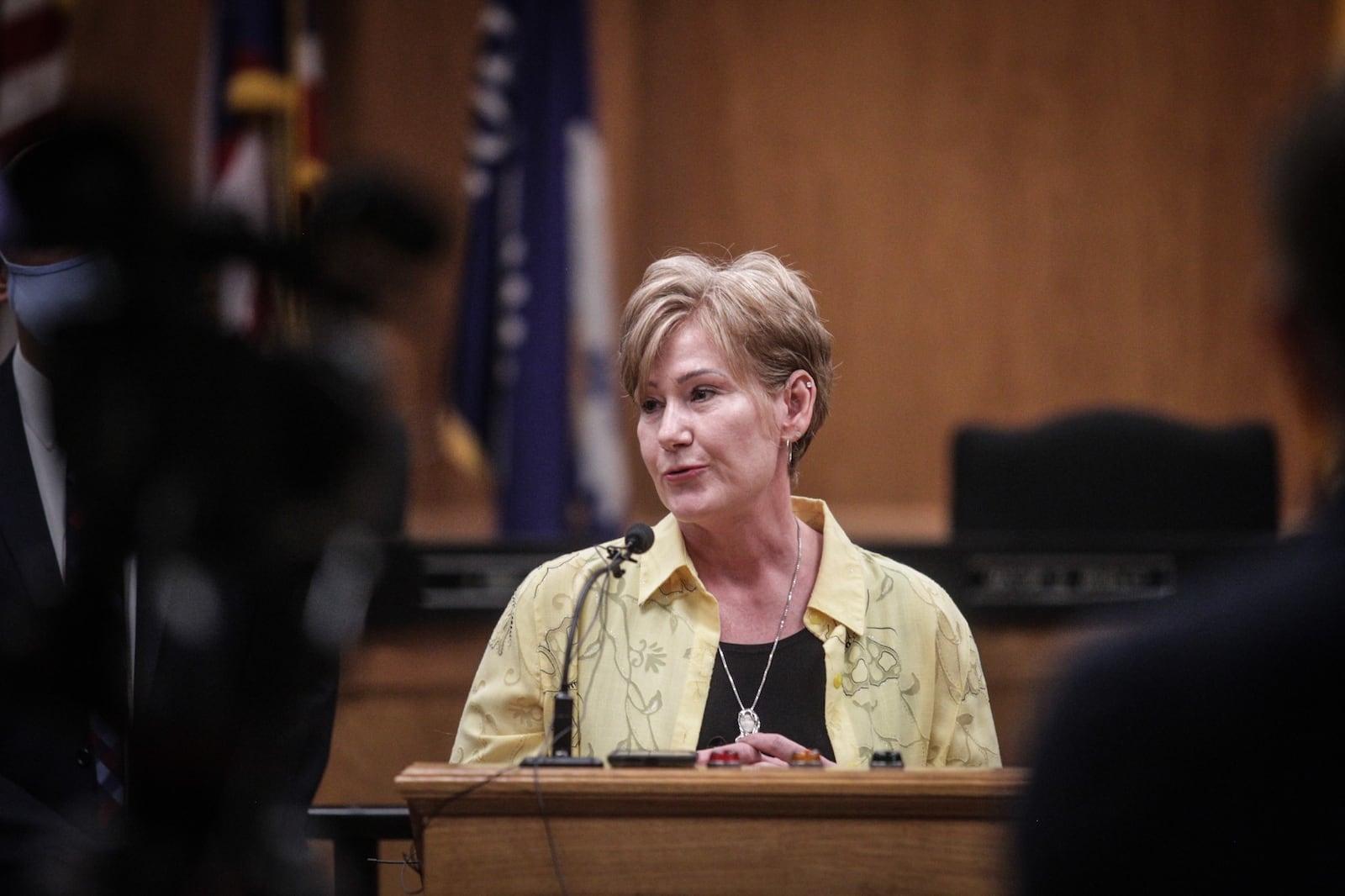 Dayton City Manager, Shelley Dickstein talks to the press about an new online tracking tool allows users to learn about and monitor the progress of the 142 Dayton police reform recommendations. JIM NOELKER/STAFF