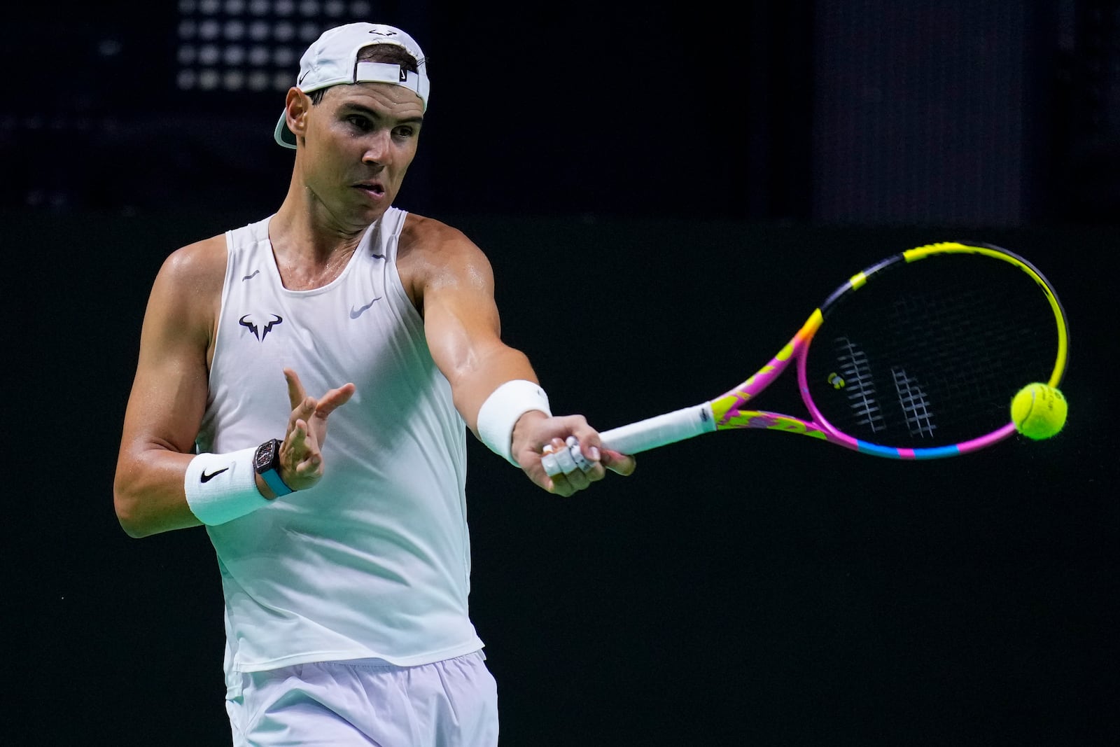 Spain's tennis player Rafael Nadal takes part in a training session at the Martin Carpena Sports Hall, in Malaga, southern Spain, on Friday, Nov. 15, 2024. (AP Photo/Manu Fernandez)