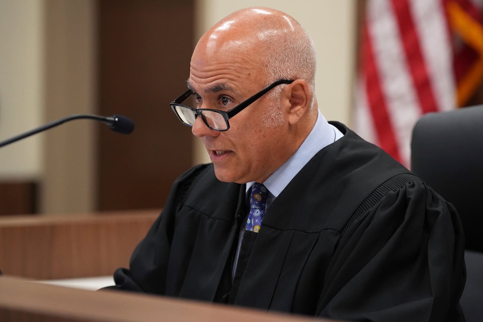 Judge Michael Silvanio speaks during an appearance for Sean M. Higgins, the driver charged with killing NHL hockey player Johnny Gaudreau and his brother Matthew as they bicycled on a rural road, at the Salem County, N.J., Courthouse, Tuesday, Nov. 12, 2024, in Salem, N.J. (AP Photo/Matt Slocum)