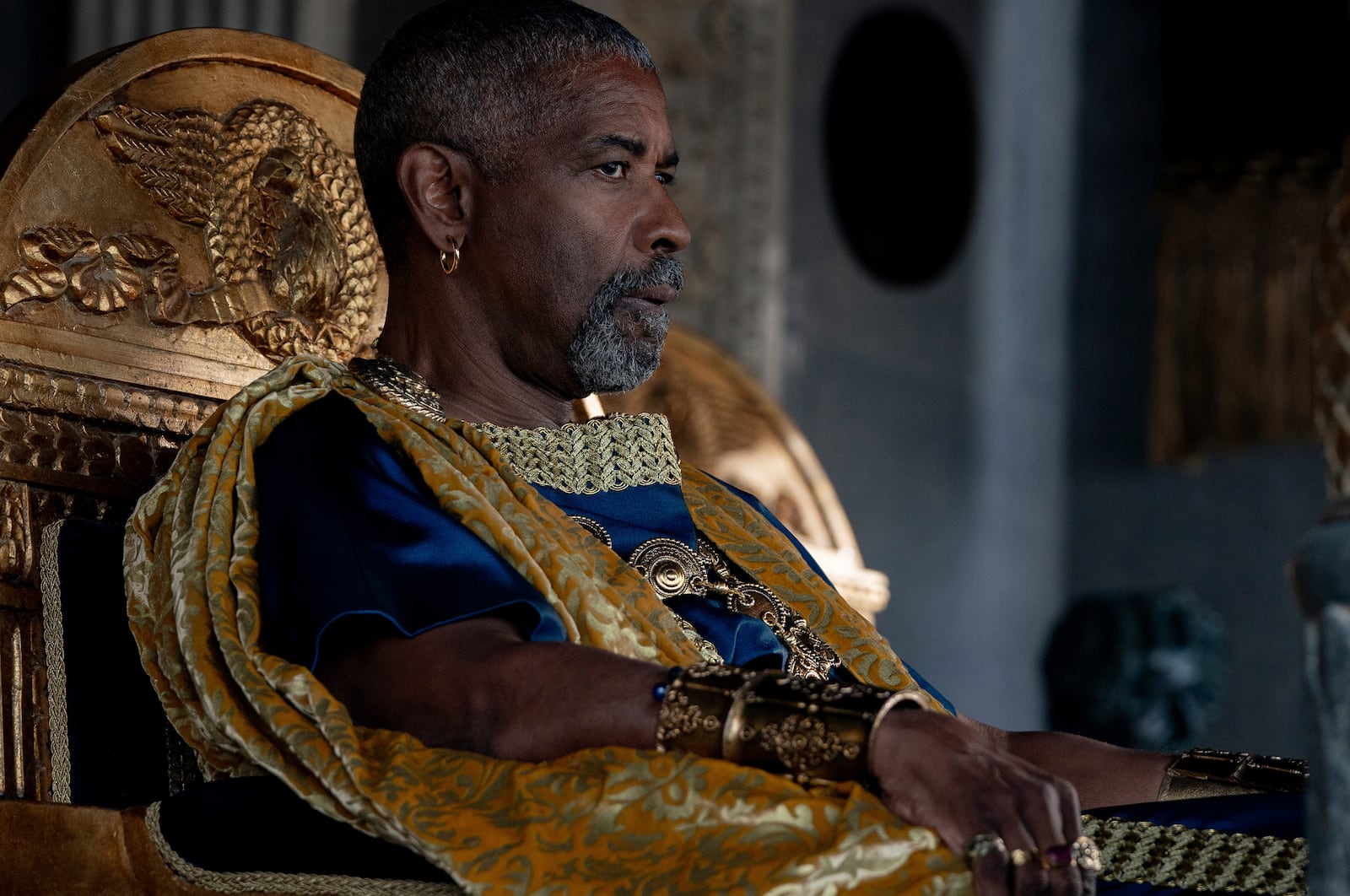 This image released by Paramount Pictures shows Denzel Washington in a scene from "Gladiator II." (Cuba Scott/Paramount Pictures via AP)