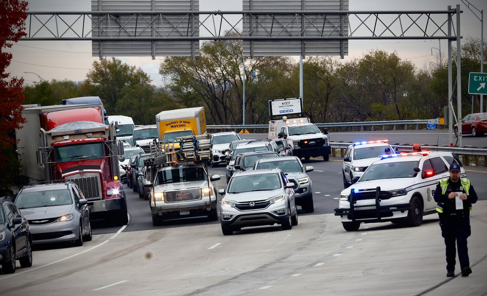 Traffic backed up on state Route 4 in Dayton after an overturned semi closes all four southbound lanes near Interstate 75 on Wednesday, Nov. 27, 2024. MARSHALL GORBY/STAFF