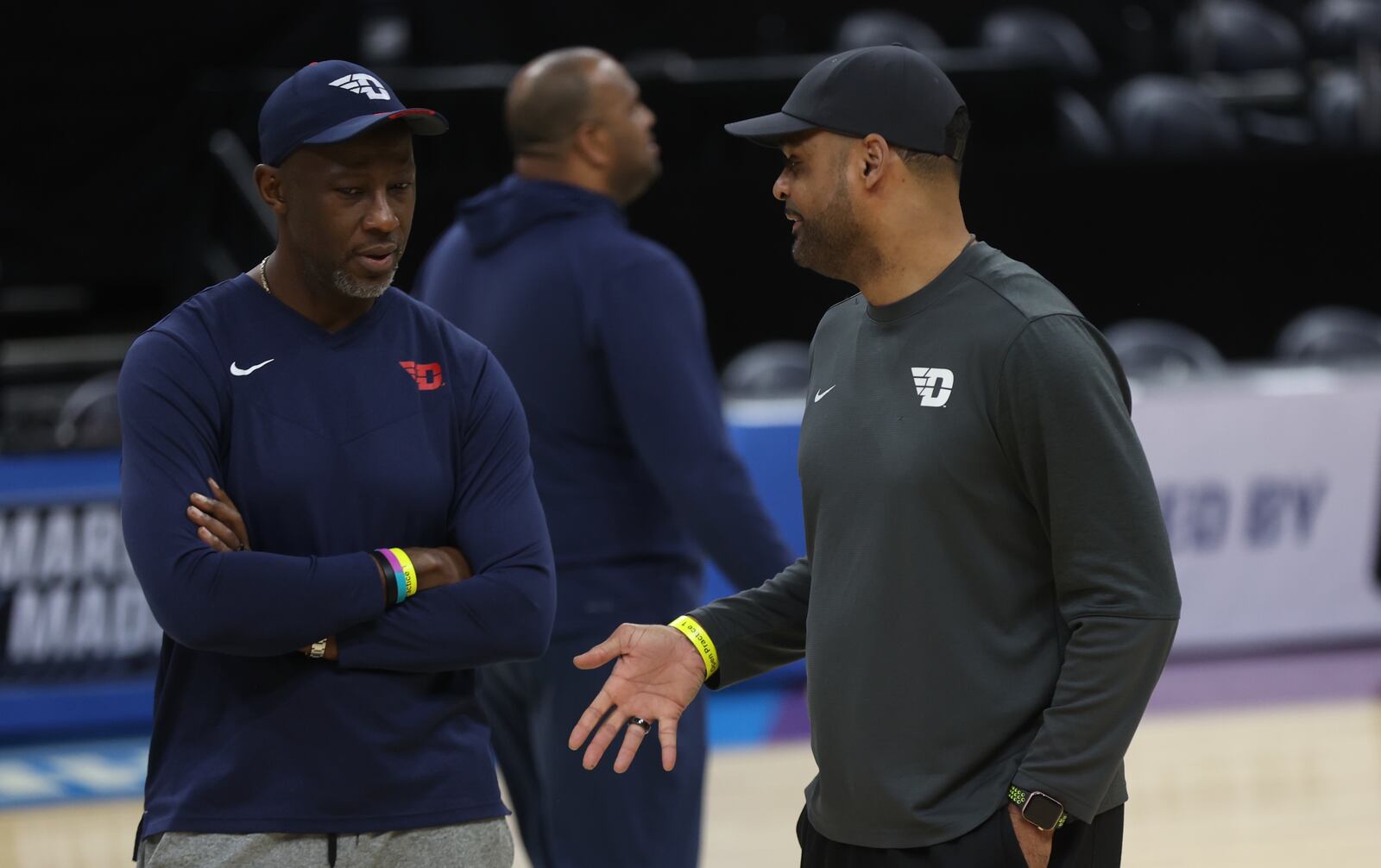 Dayton's Anthony Grant and Ricardo Greer talk during practice for the NCAA tournament at the Delta Center in Salt Lake City, Utah, on Wednesday, March 20, 2024. David Jablonski/Staff