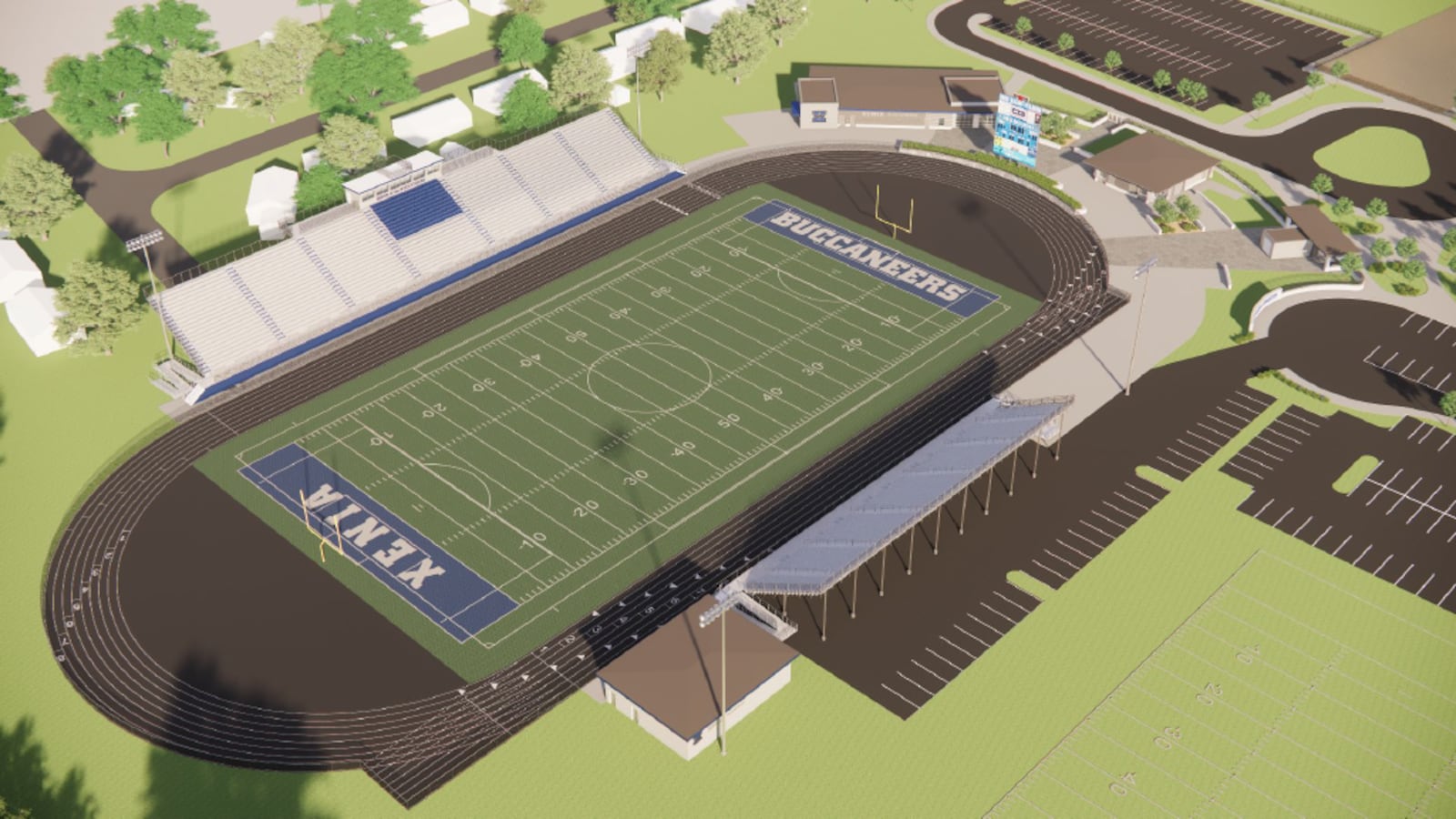 An architect's preliminary rendering of the new Doug Adams Stadium at Xenia High School. CONTRIBUTED