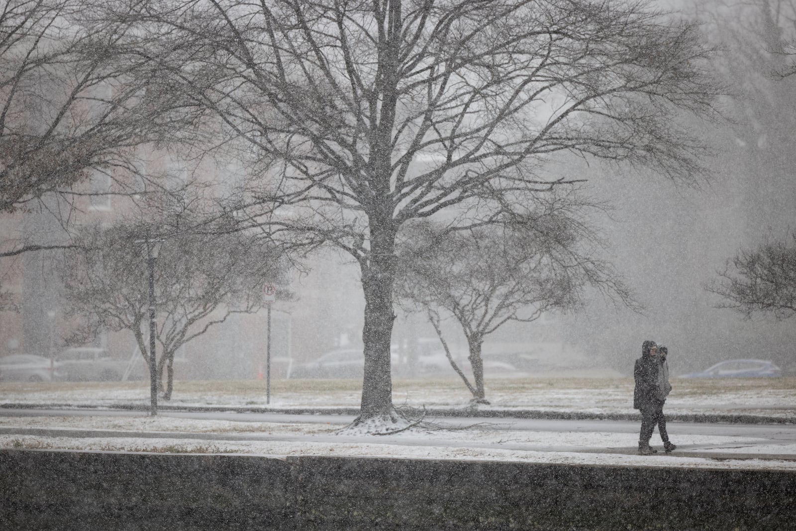 Pedestrians walk through heavy falling snow along The Hague in Norfolk, Va., Wednesday Feb. 19, 2025. (Billy Schuerman/The Virginian-Pilot via AP)