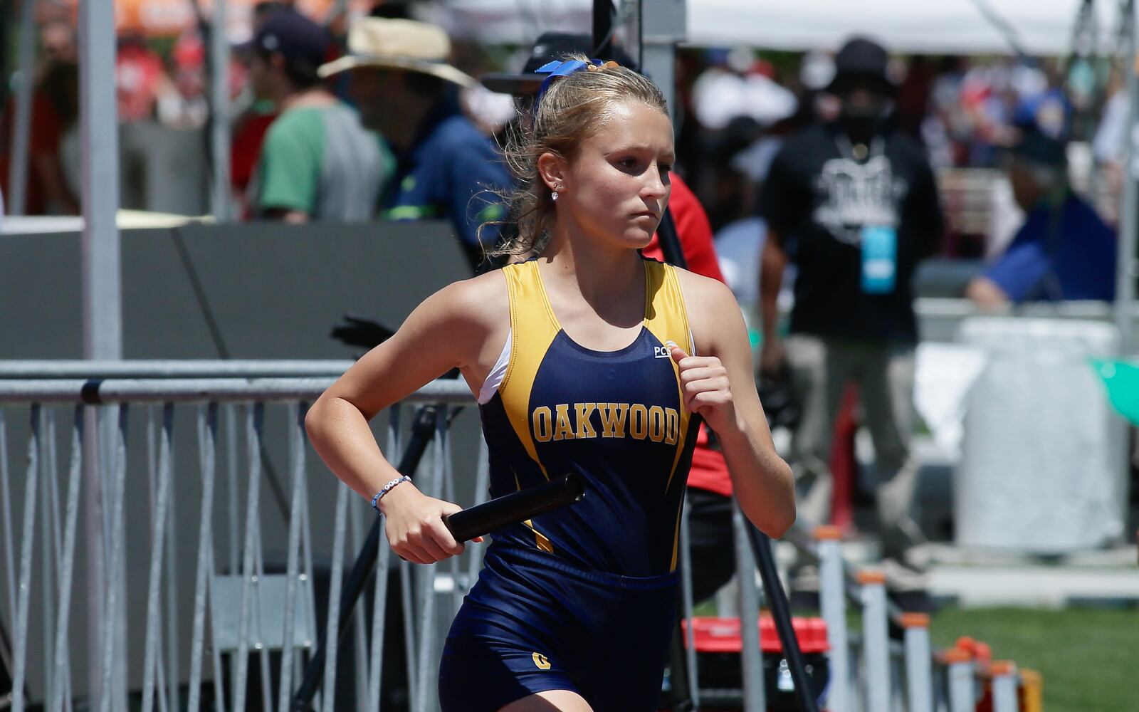 Oakwood's Emma Almoney races in the 4x800-meter relay on Friday, June 3, 2022, in the Division II state track and field championships at Jesse Owens Memorial Stadium in Columbus. David Jablonski/Staff