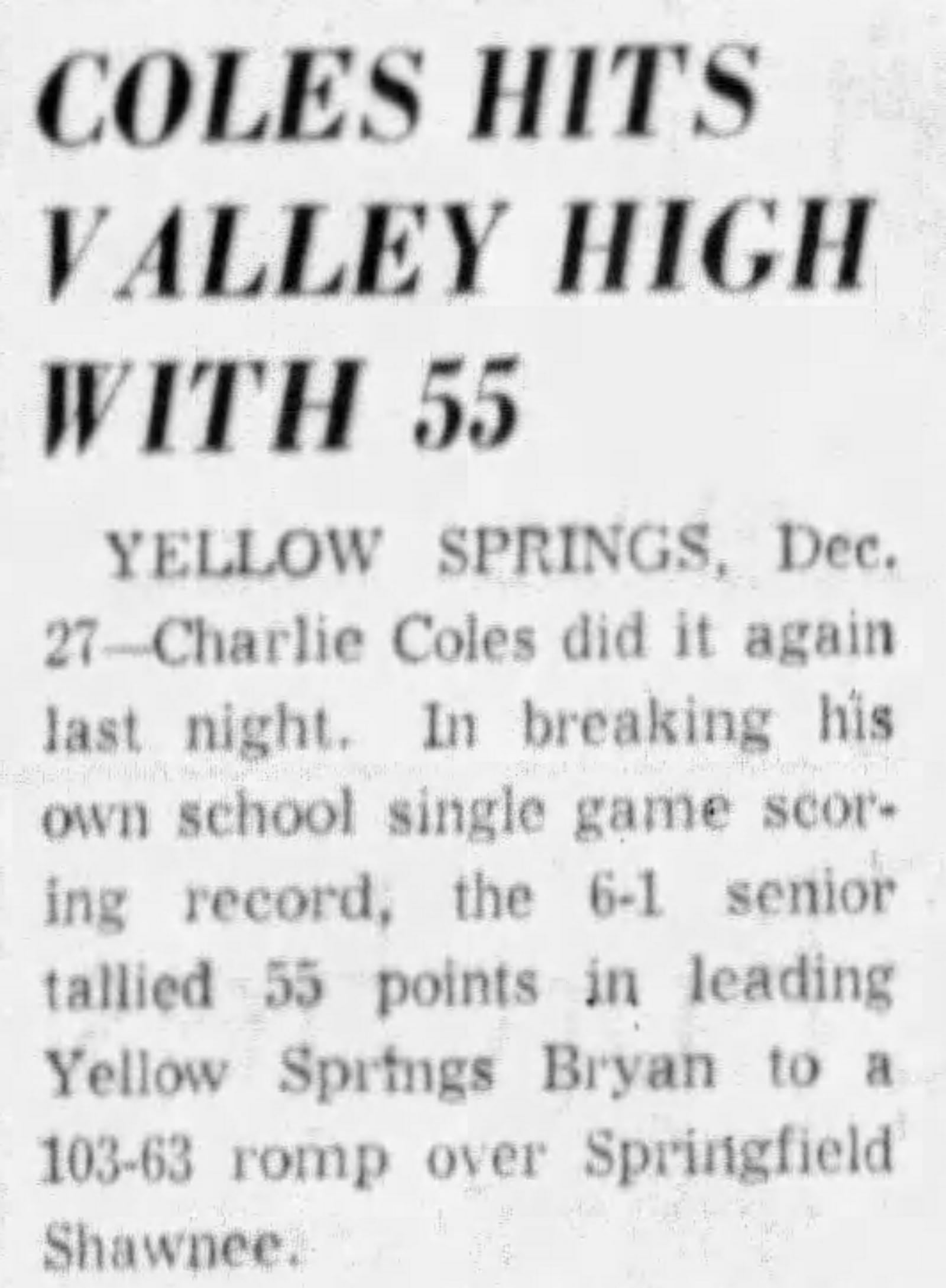 Charlie Coles scored a Bryan high school record 55 points against Shawnee in 1958. DAYTON DAILY NEWS ARCHIVES